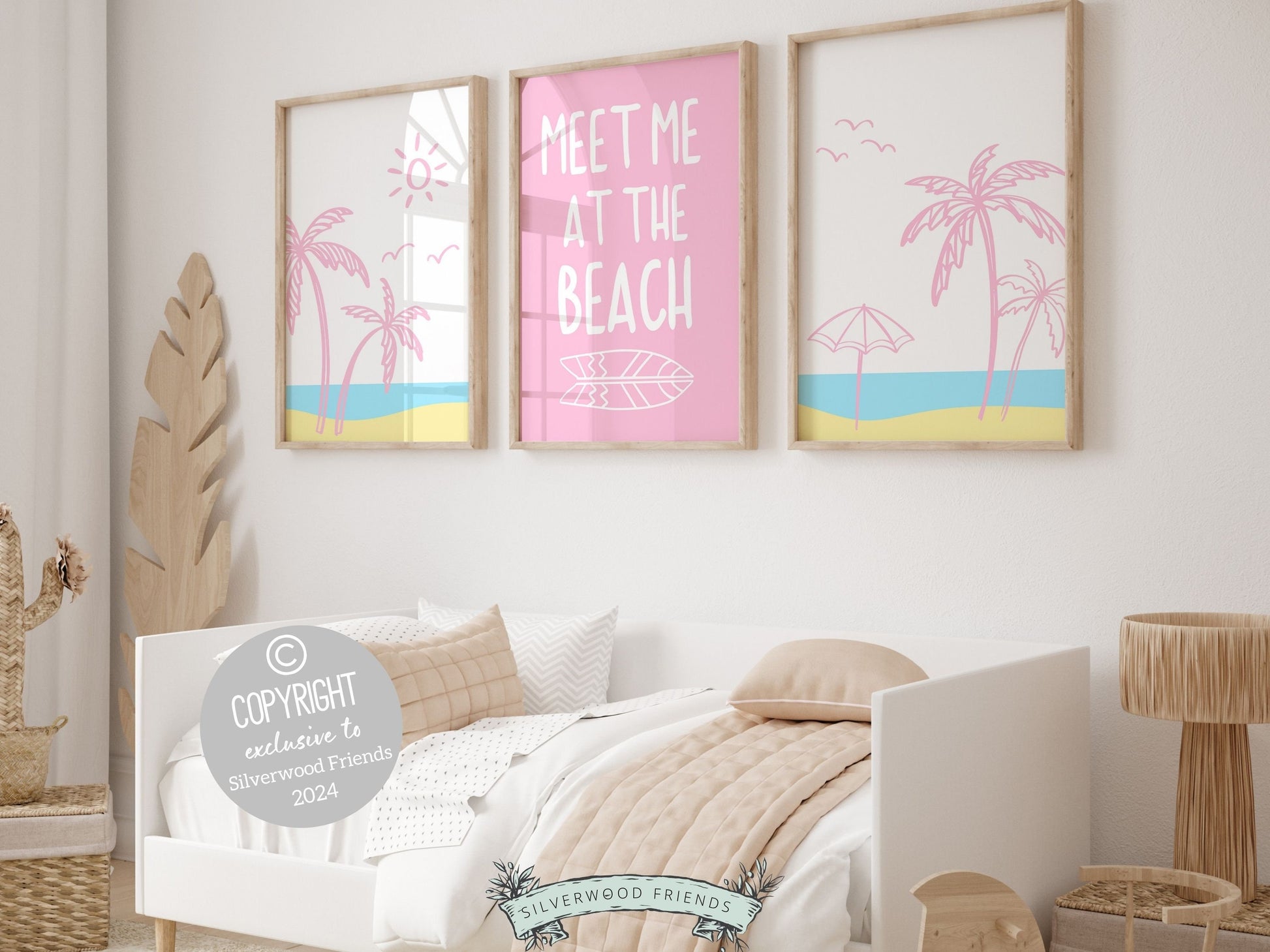 Set of 3 Beach Prints featuring minimalist pink beachy designs and quote meet me at the beach. Ideal for your beach house or girls surfing room wall decor. Makes a unique beachy baby shower gift, adding a serene coastal touch to any space.