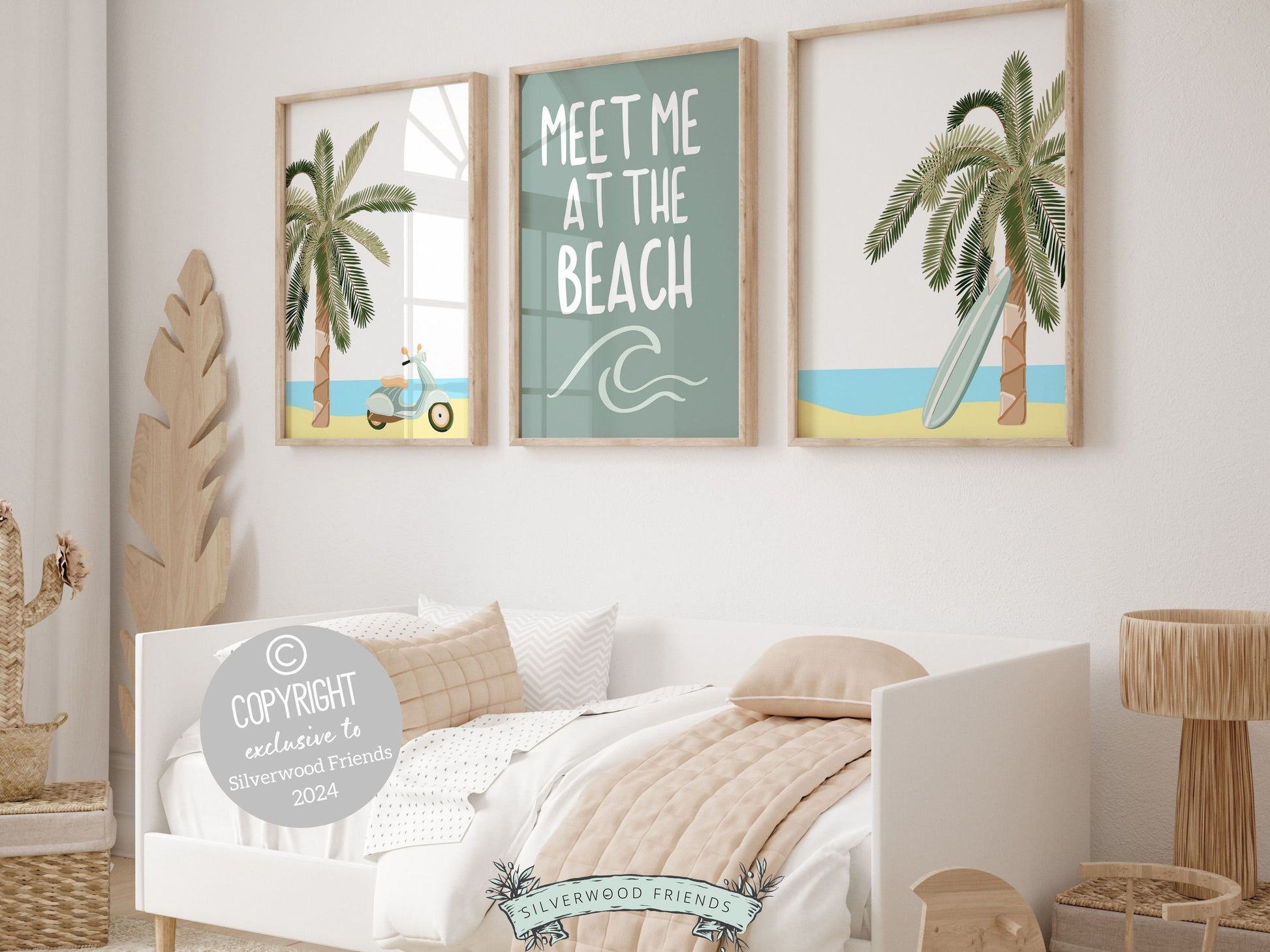 Set of 3 Beach Prints featuring minimalist beachy designs and quote meet me at the beach. Ideal for your beach house or surfing room wall decor. Our charming prints make a unique beachy baby shower gift, adding a serene coastal touch to any space.