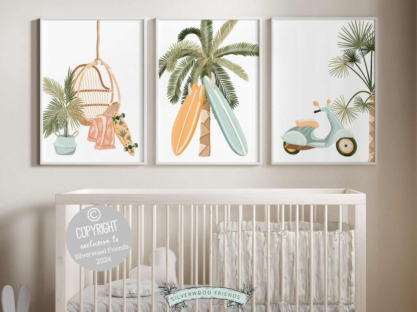 Enhance your decor with our versatile Set of 3 Surfboard Palm Tree Prints. Ideal for your beach house decor or surfing room wall decor, our digital prints also make a unique baby shower gift, adding a serene coastal touch to any space.