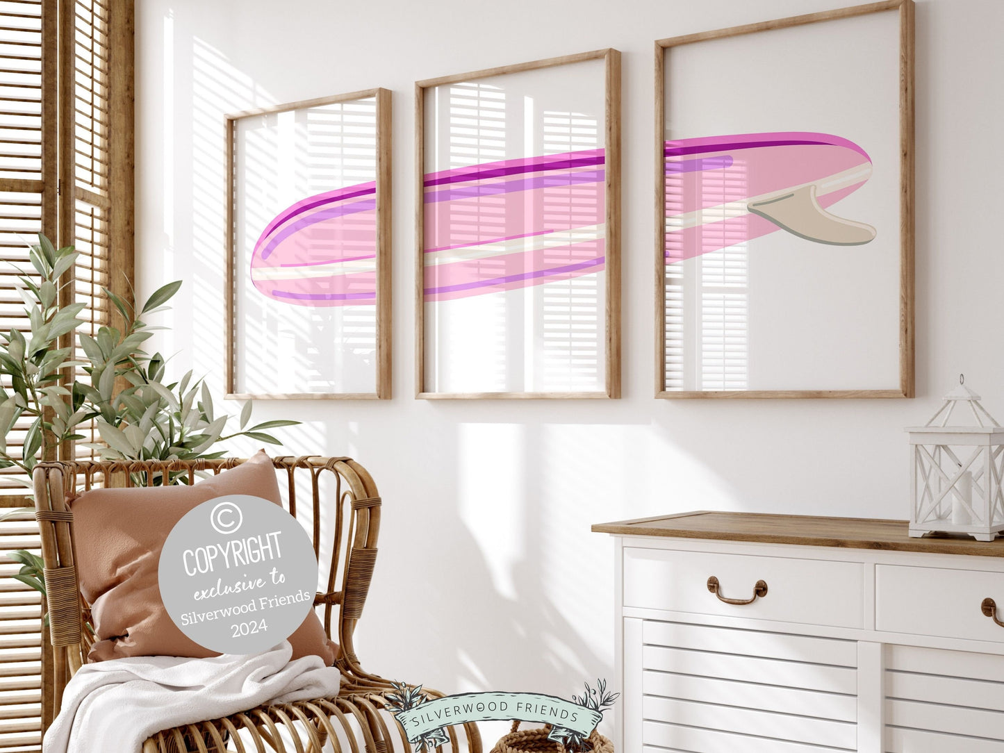 Pink Surfboard Nursery Print, Baby Girl Beachy Nursery Wall Art, Girl Coastal Room Decor, Girly Beach House Surfing Room Decor Digital Print