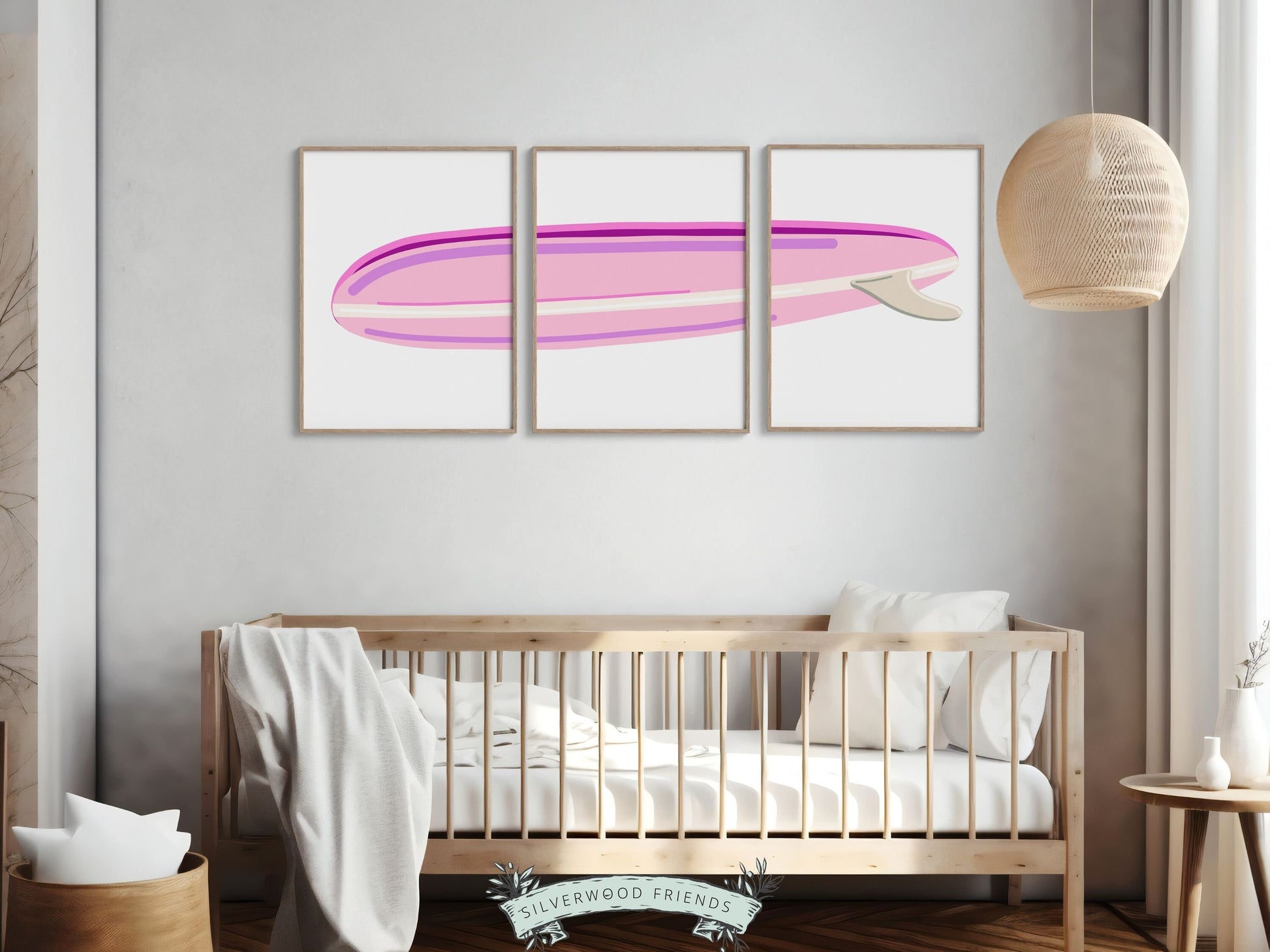 Pink Surfboard Nursery Print, Baby Girl Beachy Nursery Wall Art, Girl Coastal Room Decor, Girly Beach House Surfing Room Decor Digital Print