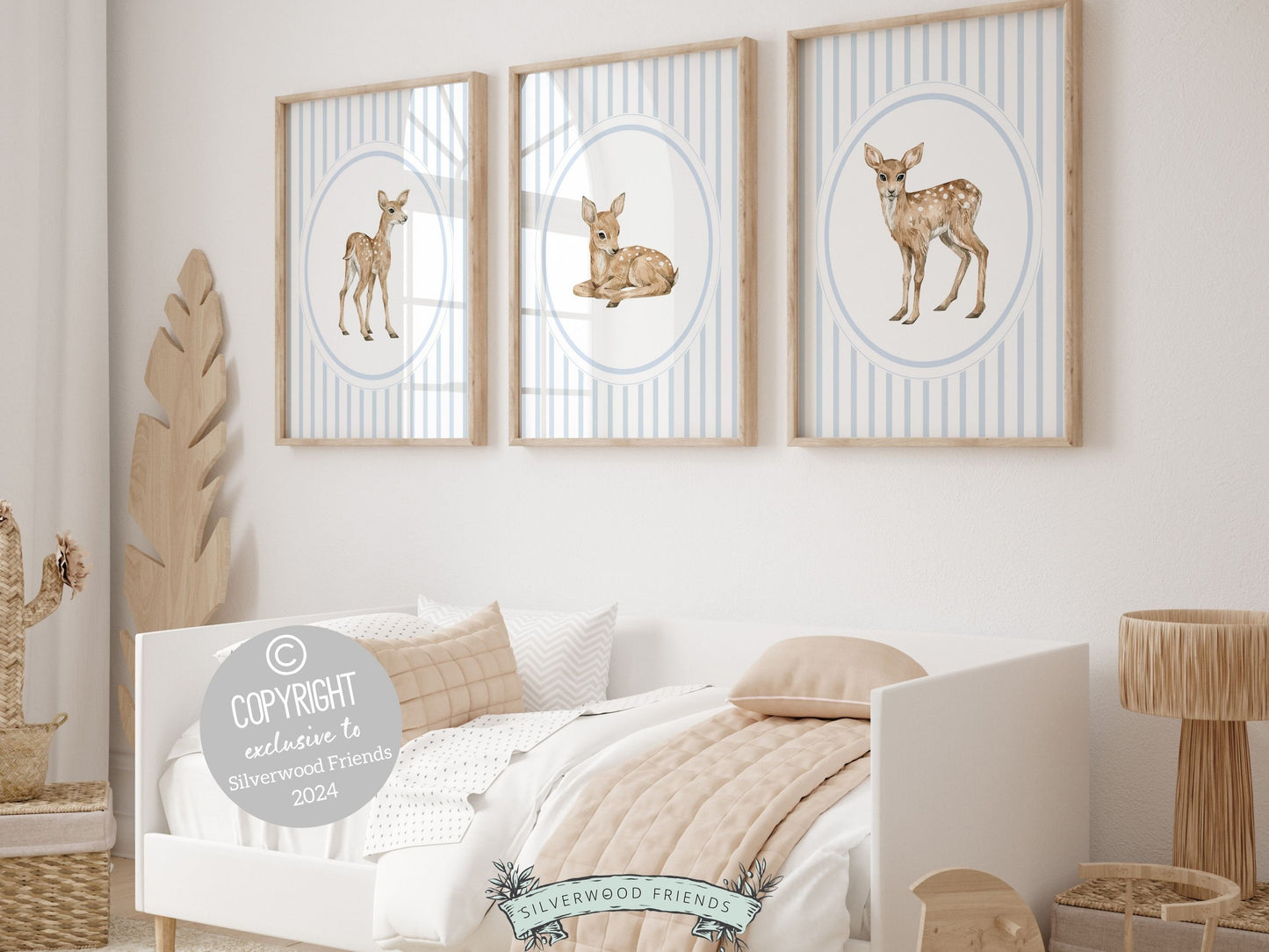 Set of 3 Deer Nursery Prints features adorable baby deer&#39;s with blue and white chinoiserie stripes. Perfect for your baby boys fawn nursery decor or woodland nursery decor and also makes a unique baby shower gift.