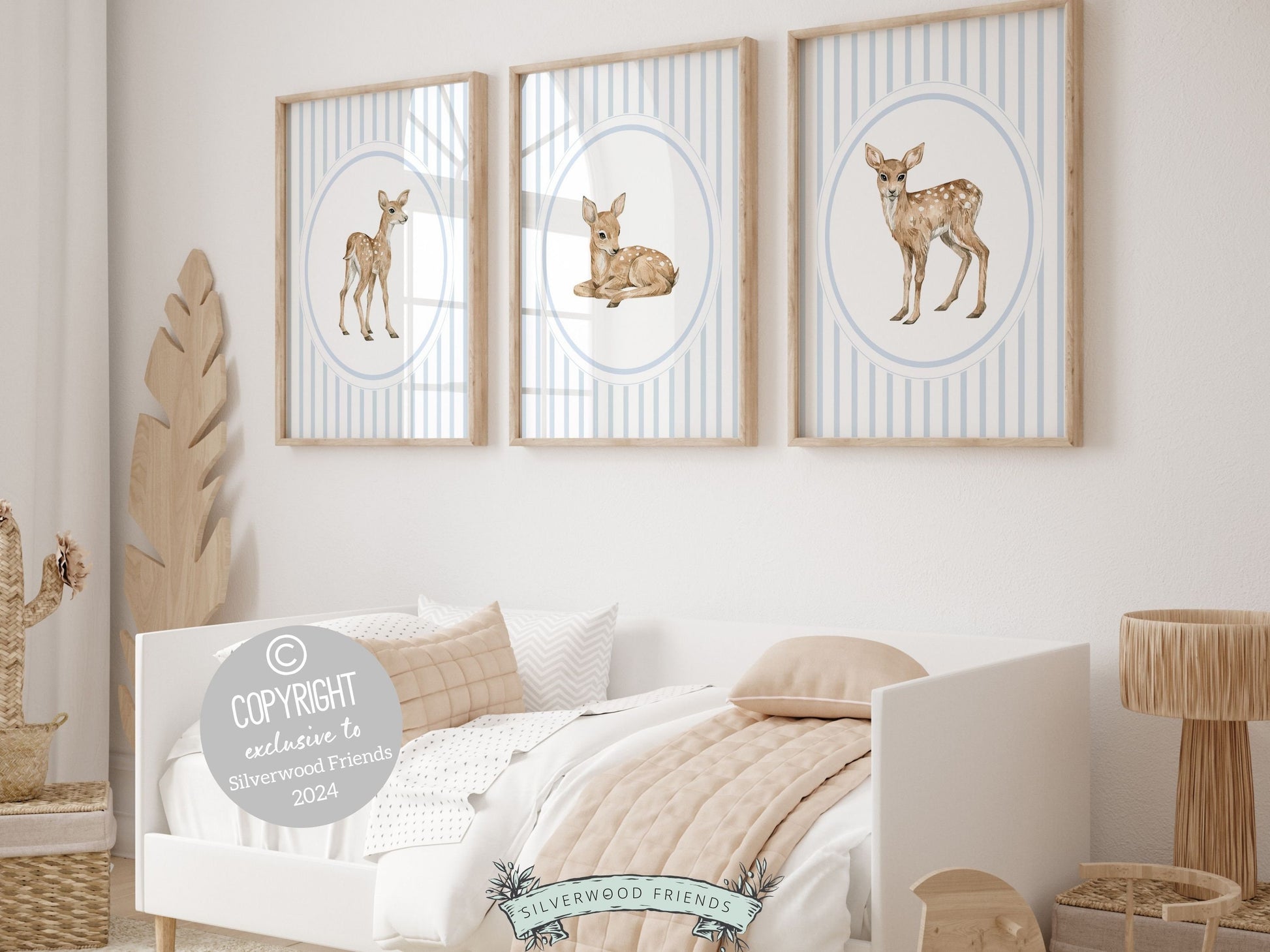 Set of 3 Deer Nursery Prints features adorable baby deer&#39;s with blue and white chinoiserie stripes. Perfect for your baby boys fawn nursery decor or woodland nursery decor and also makes a unique baby shower gift.