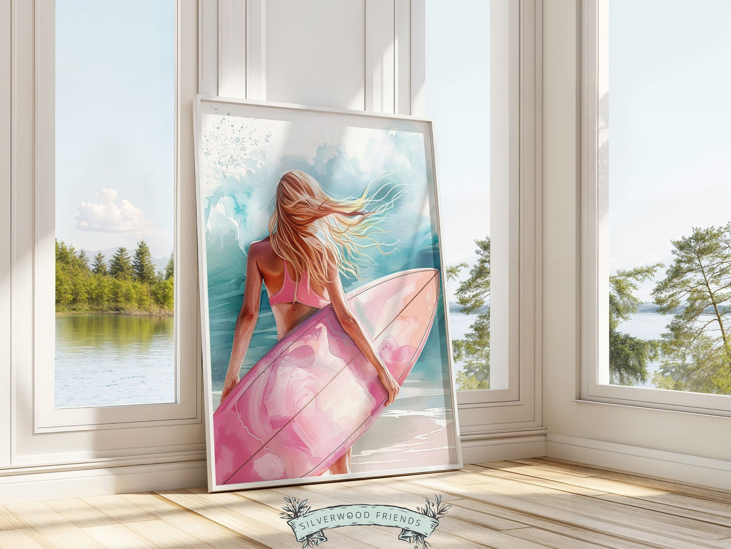 Pink Surfboard Wall Art Print, Beachy Room Decor, Trendy Dorm Room Surfing Wall Art,Teen Girl Beach House Surf Room Wall Decor Digital Print