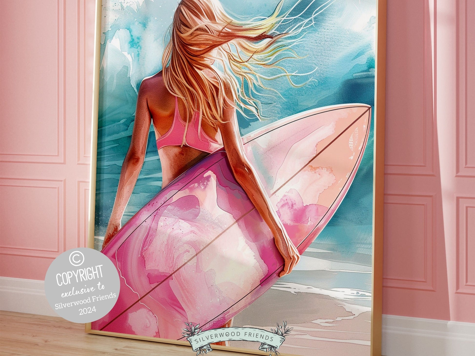 Pink Surfboard Wall Art Print, Beachy Room Decor, Trendy Dorm Room Surfing Wall Art,Teen Girl Beach House Surf Room Wall Decor Digital Print