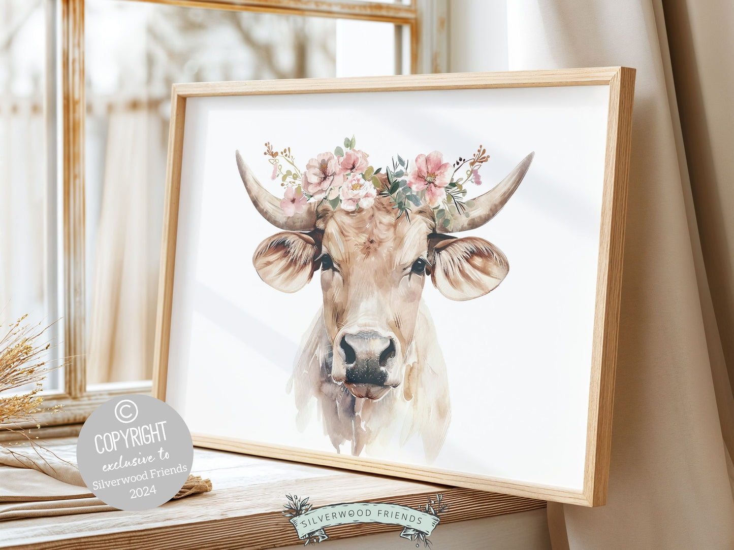 Our Floral Highland Cow Print, featuring an adorable highland cow wearing a floral crown, and is perfect for your farm nursery decor or as a unique farm themed baby shower gift. Its charming design adds a versatile touch of whimsy to any room.