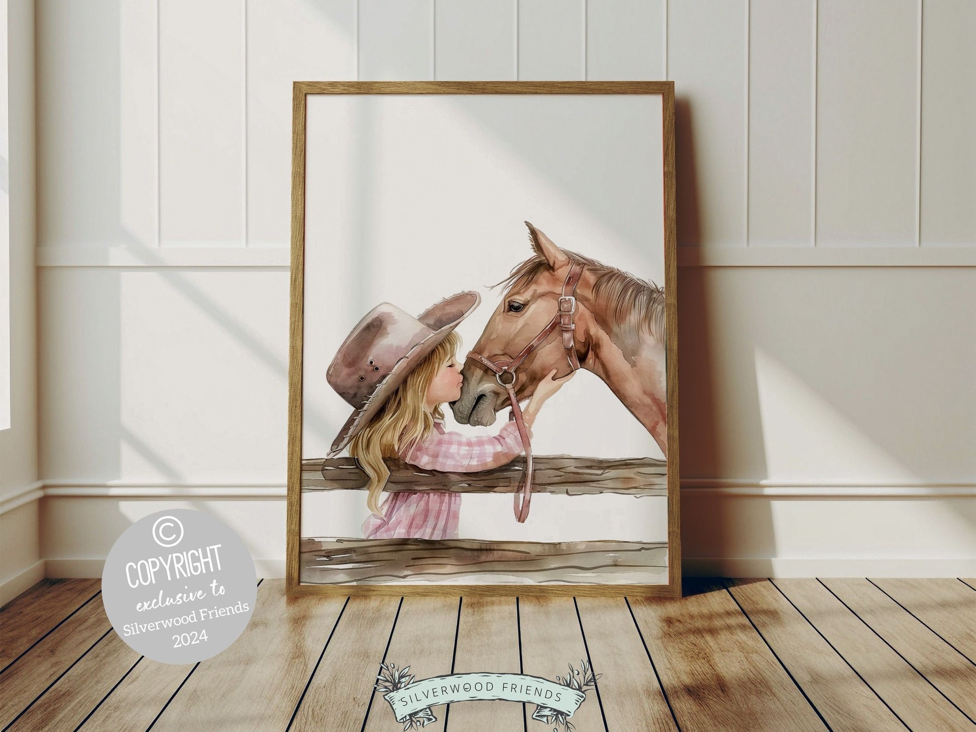 Watercolor print depicting a cowgirl kissing her beloved horse atop a paddock fence. This artwork effortlessly enhances your cowgirl themed decor, perfect for your little ones space or as a heartfelt baby shower gift for horse riding enthusiasts.