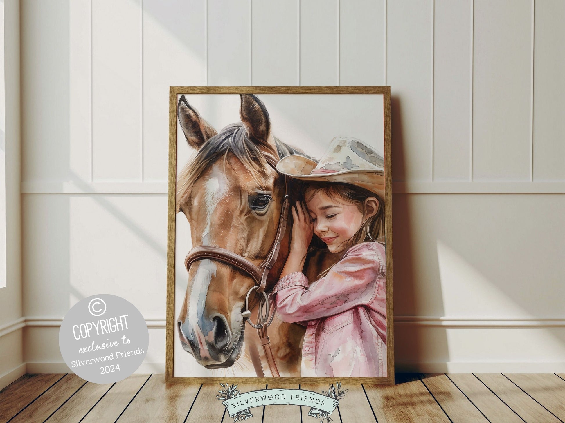 Watercolor print, depicting a cowgirl with her beloved horse. Our charming artwork effortlessly enhances your cowgirl themed decor, perfect for your little ones space or as a heartfelt baby shower gift for horse riding enthusiasts.