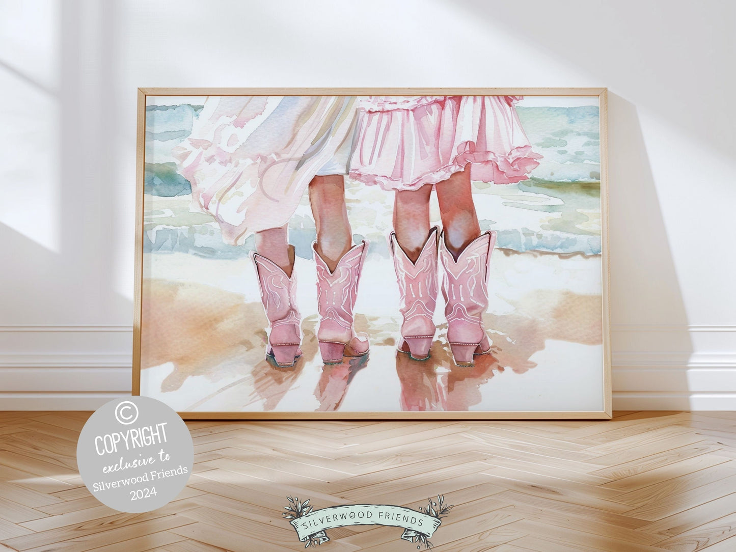 Celebrate the timeless bond between sisters or friends with our enchanting watercolor cowgirl print, featuring cowgirls walking on the beach. Perfect for your little ones space, this charming digital print also makes a heartfelt baby shower gift.