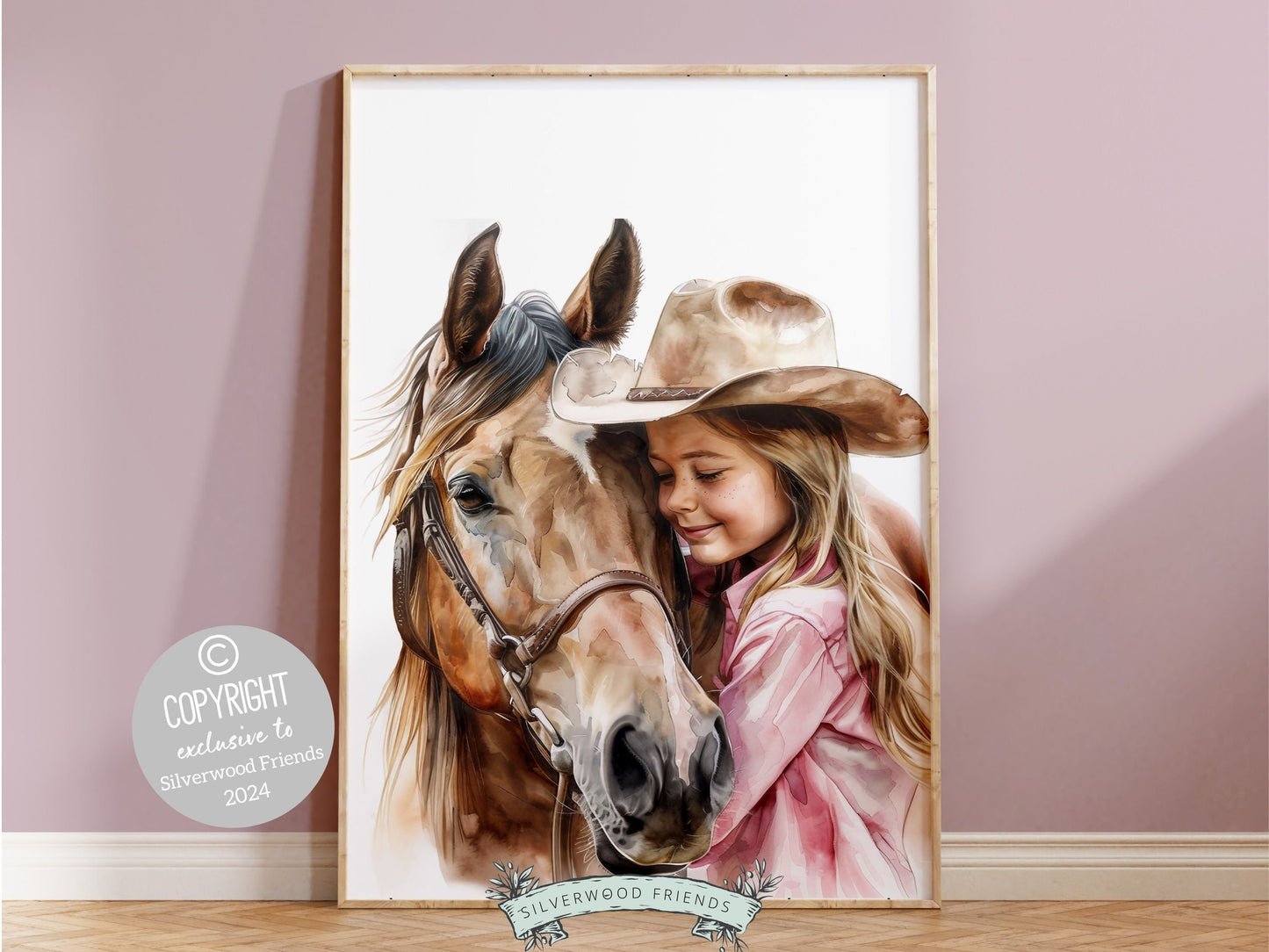 Watercolor print, depicting a cowgirl with her beloved horse. Our charming artwork effortlessly enhances your cowgirl themed decor, perfect for your little ones space or as a heartfelt baby shower gift for horse riding enthusiasts.