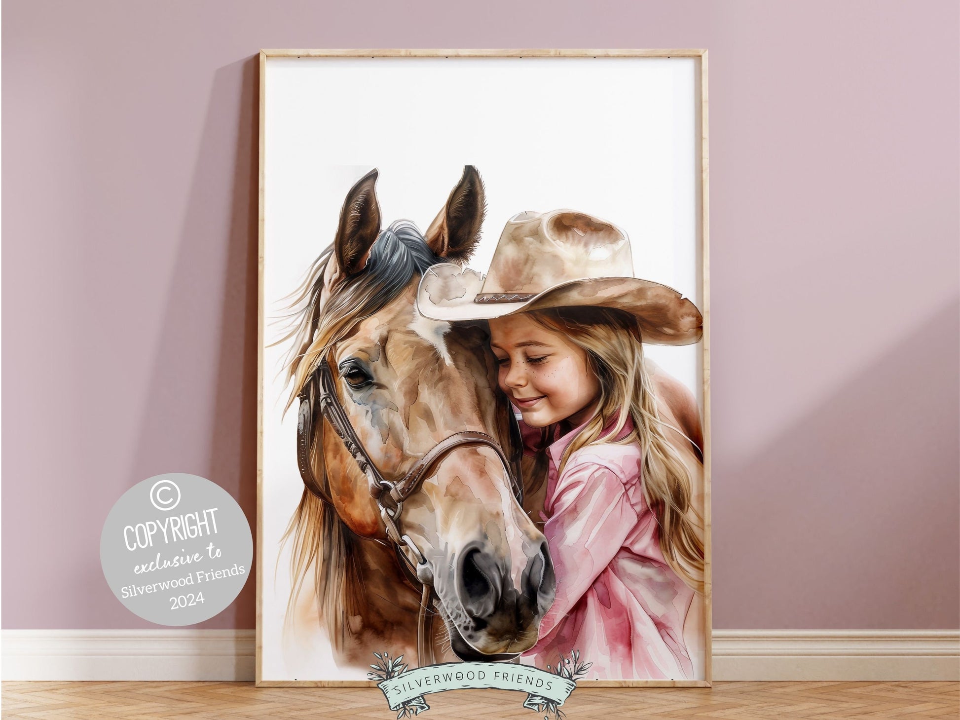 Watercolor print, depicting a cowgirl with her beloved horse. Our charming artwork effortlessly enhances your cowgirl themed decor, perfect for your little ones space or as a heartfelt baby shower gift for horse riding enthusiasts.
