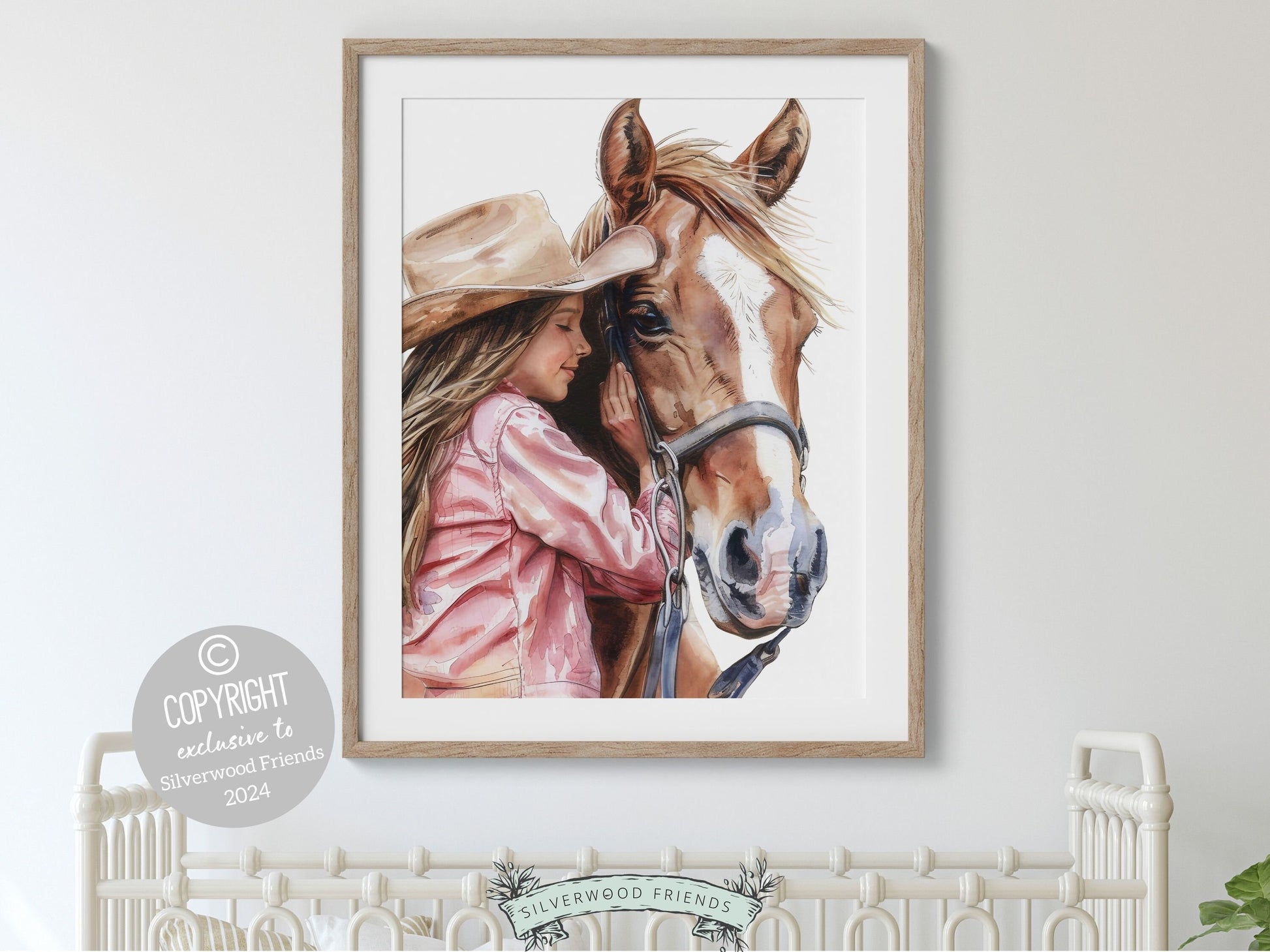 Watercolor print, depicting a cowgirl with her beloved horse. Our charming artwork effortlessly enhances your cowgirl themed decor, perfect for your little ones space or as a heartfelt baby shower gift for horse riding enthusiasts.