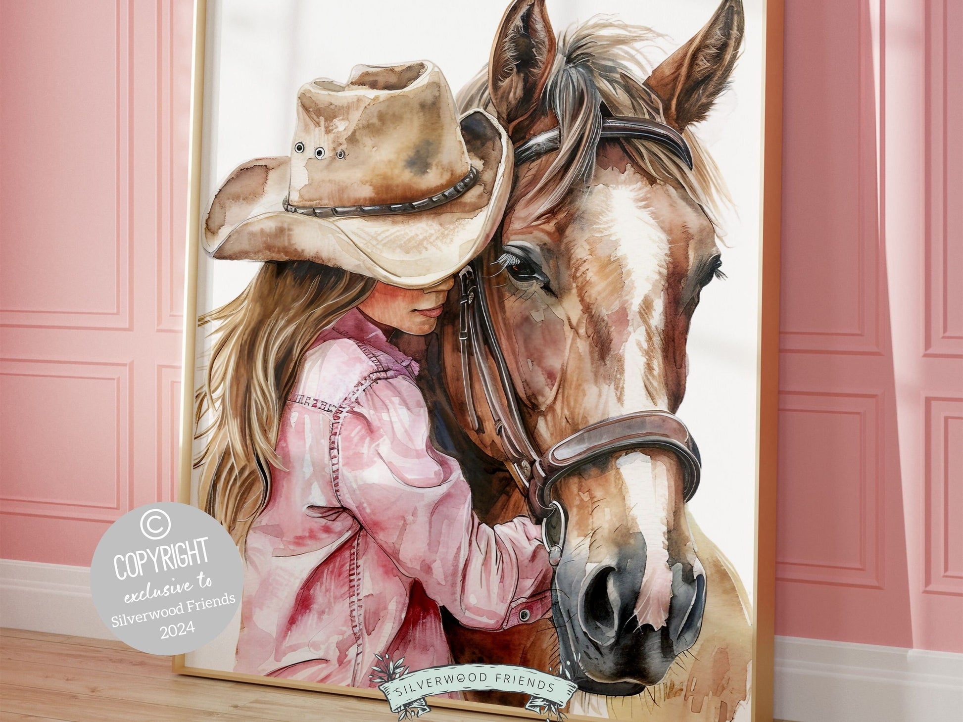 Watercolor print, capturing a cowgirl and her beloved horse in a tender moment. Our charming artwork effortlessly enhances your cowgirl themed decor, making it the perfect housewarming or birthday gift for horse-riding enthusiasts.