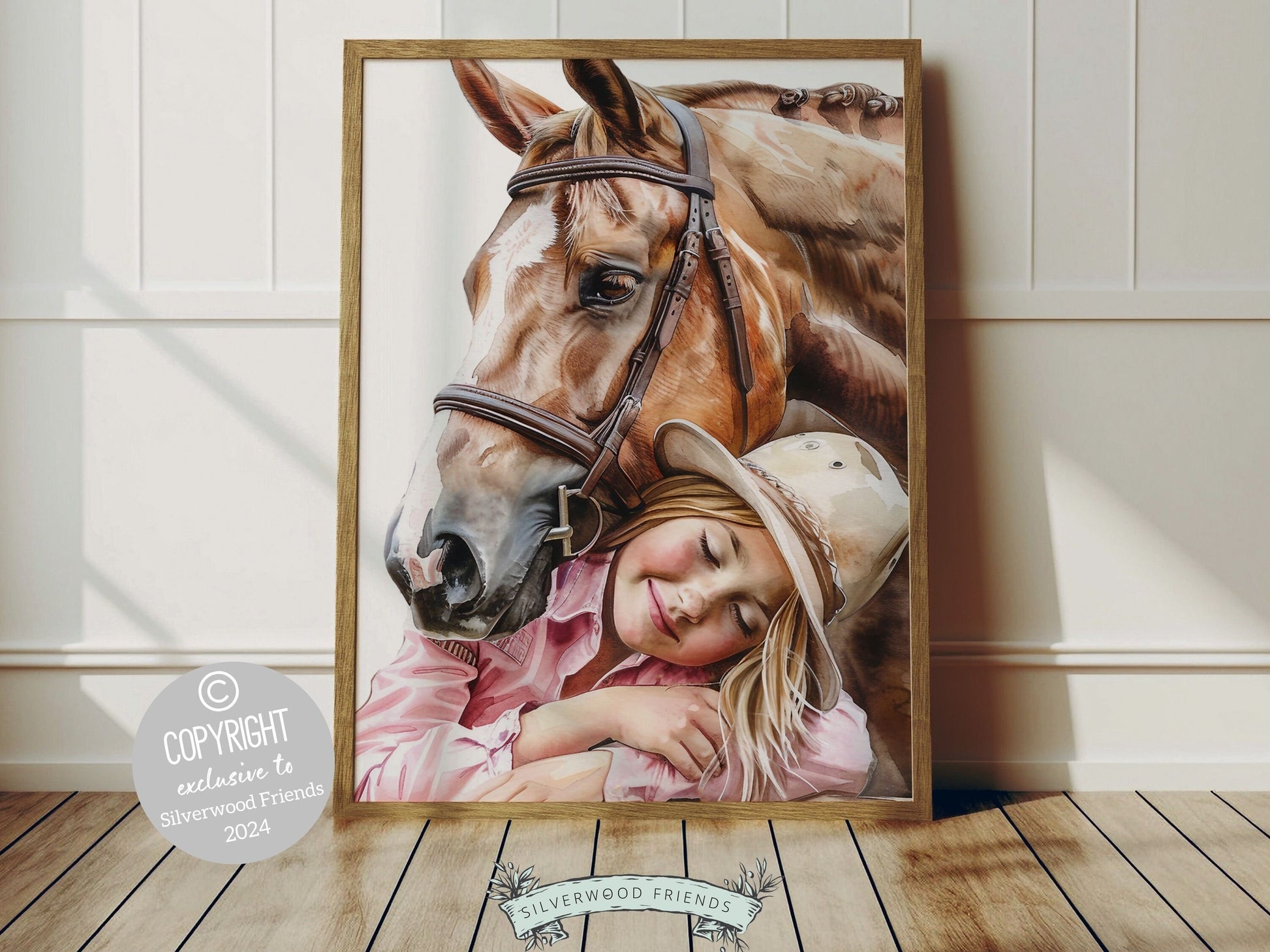 Watercolor print, depicting a cowgirl with her beloved horse. Our charming artwork effortlessly enhances your cowgirl themed decor, perfect for your daughters space or as a heartfelt gift for horse riding enthusiasts.