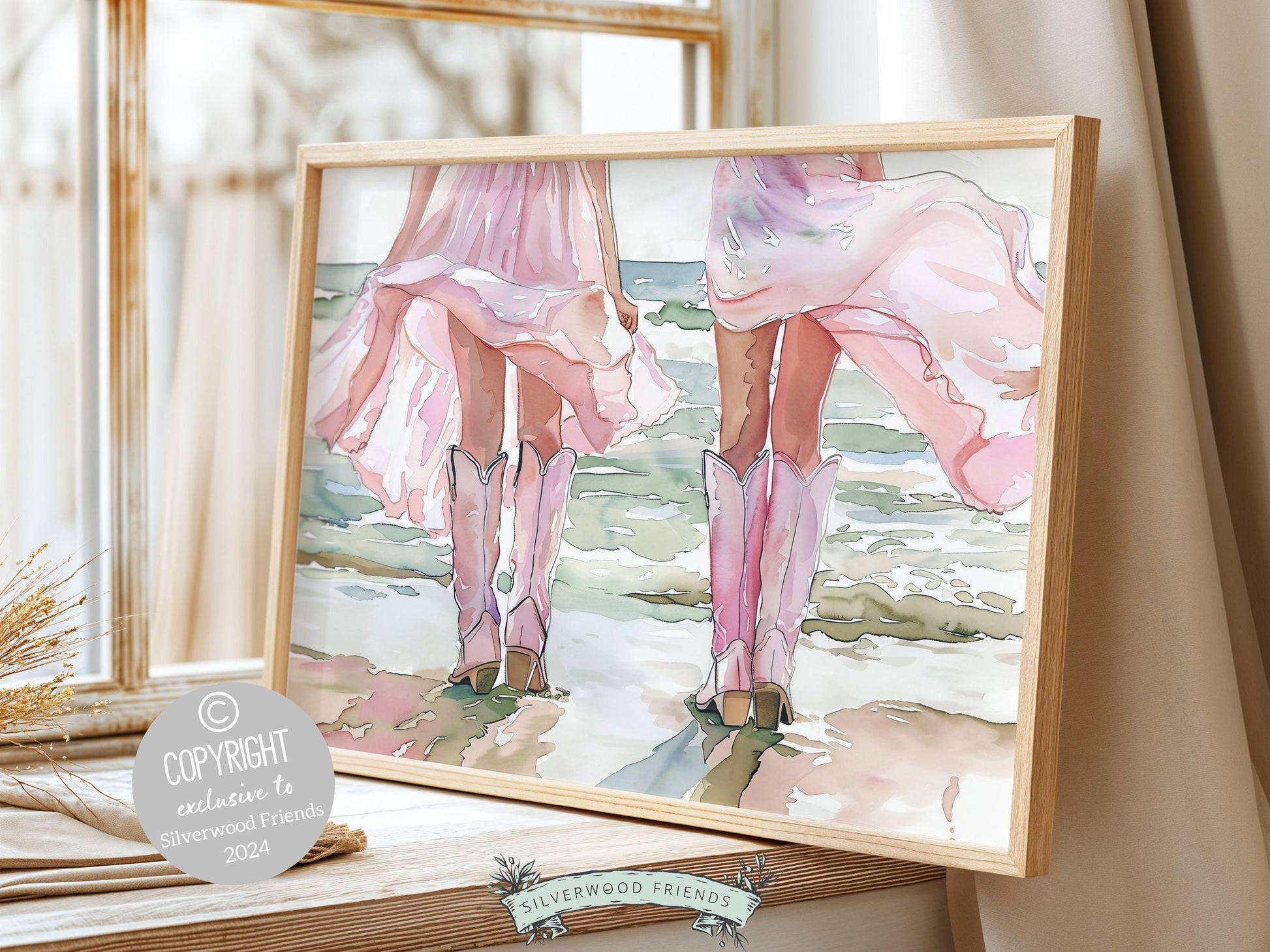 Coastal Cowgirl Print, Cowgirl Ocean Wall Art, Western Wall Decor, Preppy Pink Cowgirl Boots Print,Trendy Dorm Room Wall Decor Digital Print