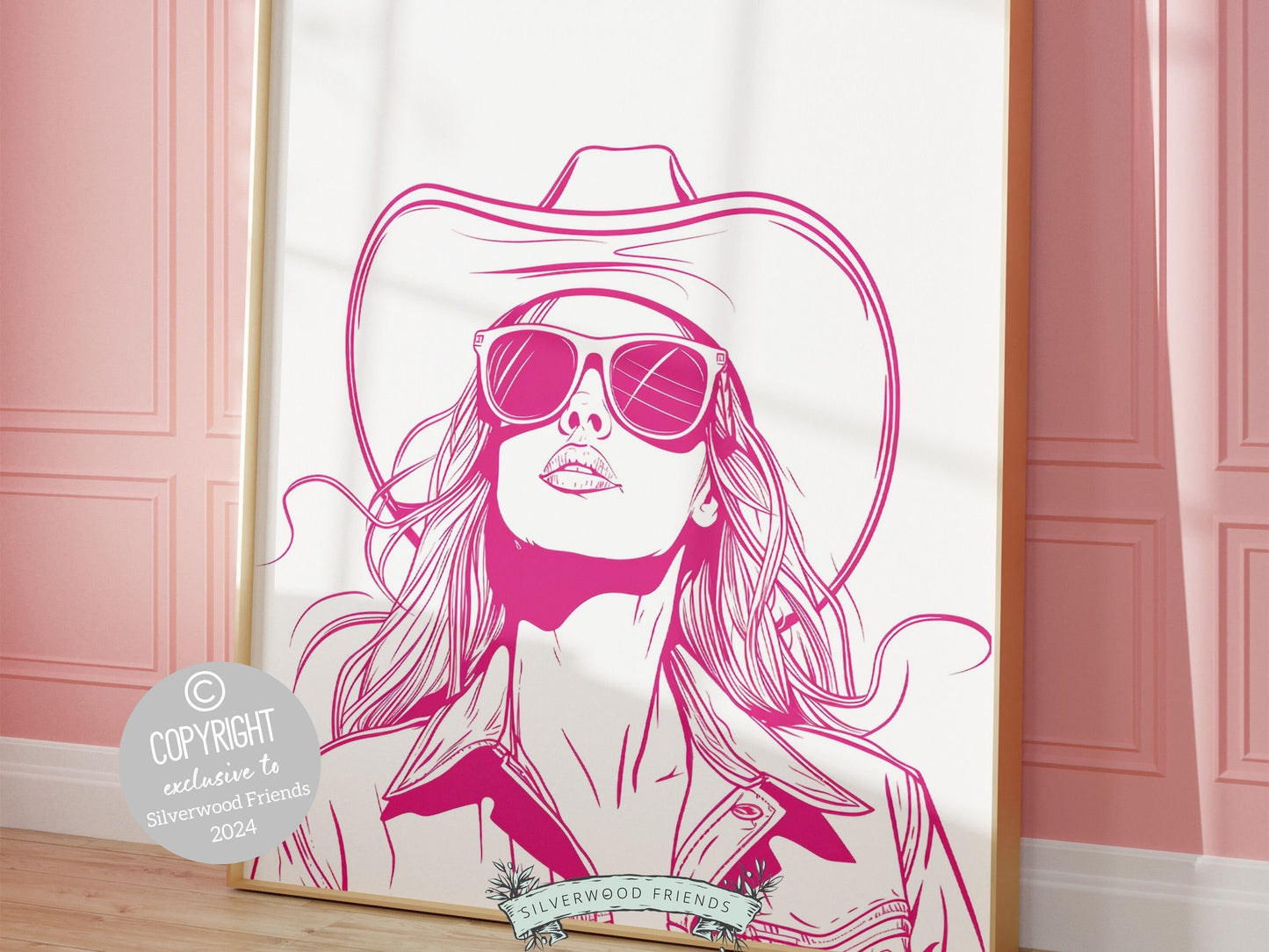 Our minimalist pink western print features a pink cowgirl in sunglasses, perfect for your preppy dorm room or western-themed decor, and also makes a unique housewarming or birthday gift.