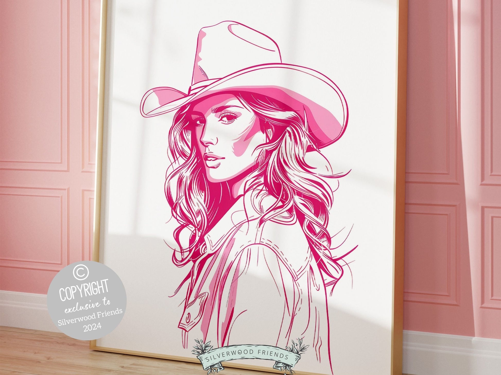 Our minimalist pink western print features a pink cowgirl in sunglasses, perfect for your preppy dorm room or western-themed decor, and also makes a unique housewarming or birthday gift.
