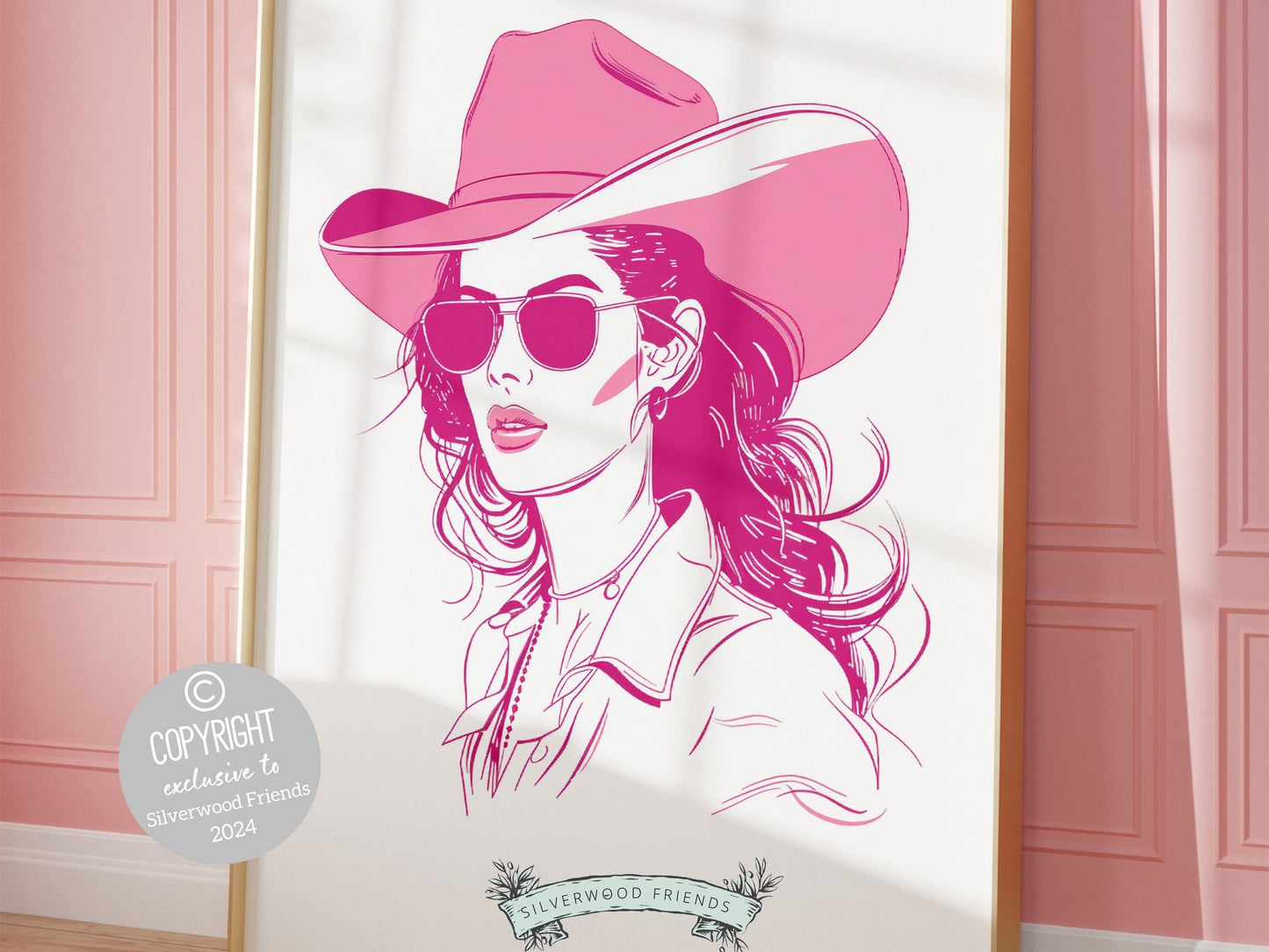 Our minimalist pink western print features a pink cowgirl in sunglasses, perfect for your preppy dorm room or western-themed decor, and also makes a unique housewarming or birthday gift.