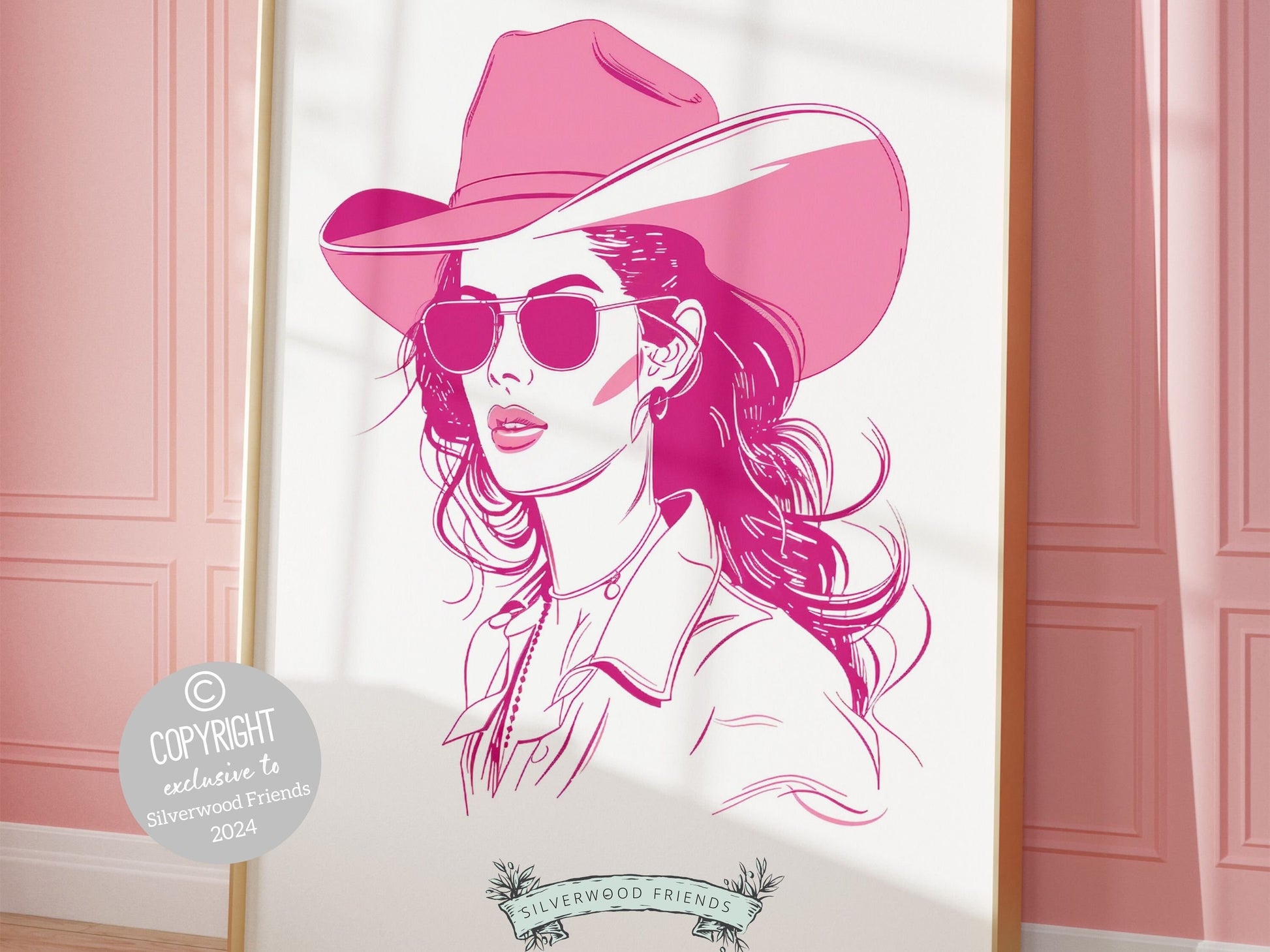 Our minimalist pink western print features a pink cowgirl in sunglasses, perfect for your preppy dorm room or western-themed decor, and also makes a unique housewarming or birthday gift.