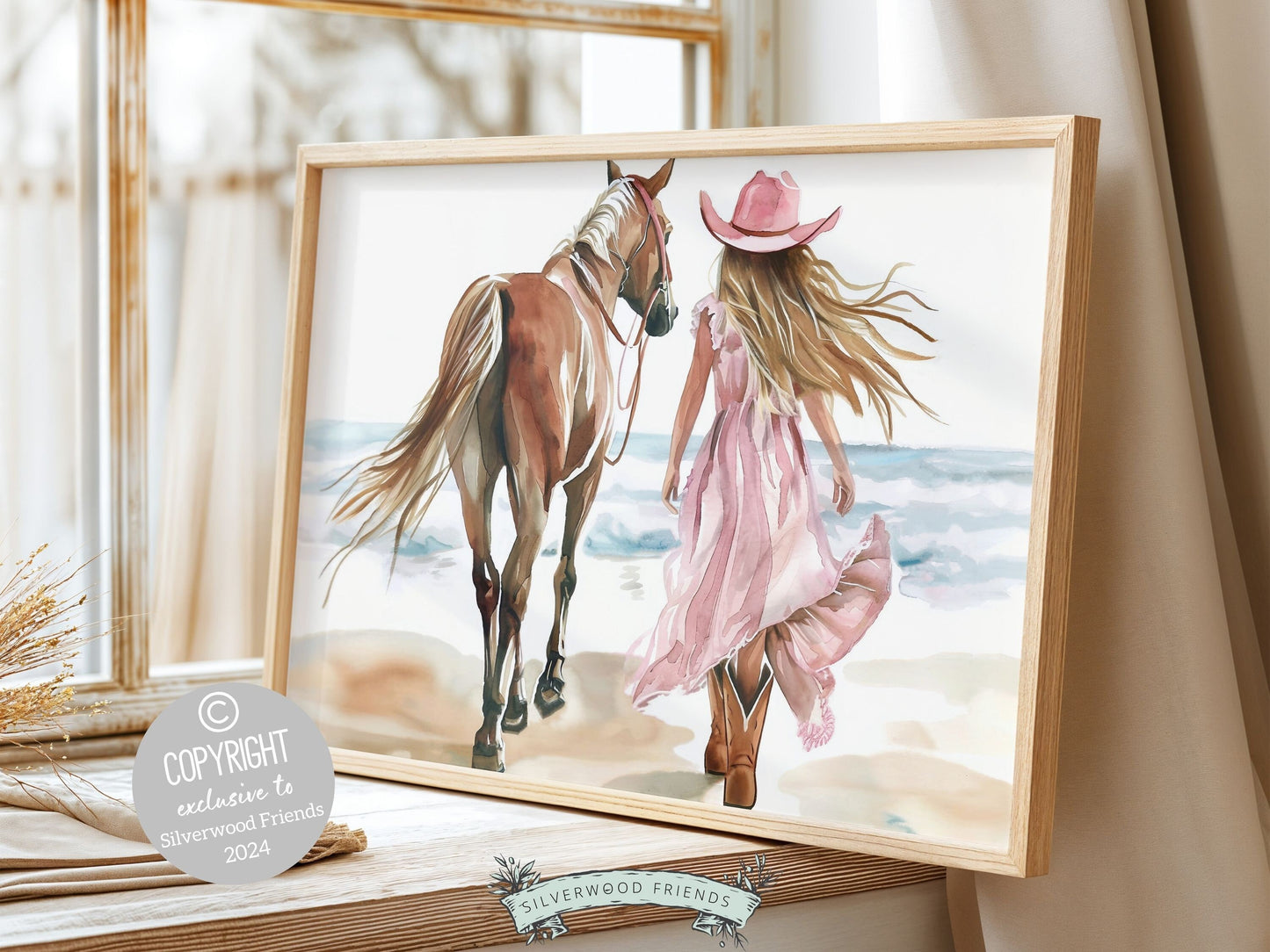 Cowgirl Horse Beach Print, Cowgirl Beachy Nursery Wall Art, Coastal Cowgirl Western Decor, Girl Horse Riding Picture Digital Download Print