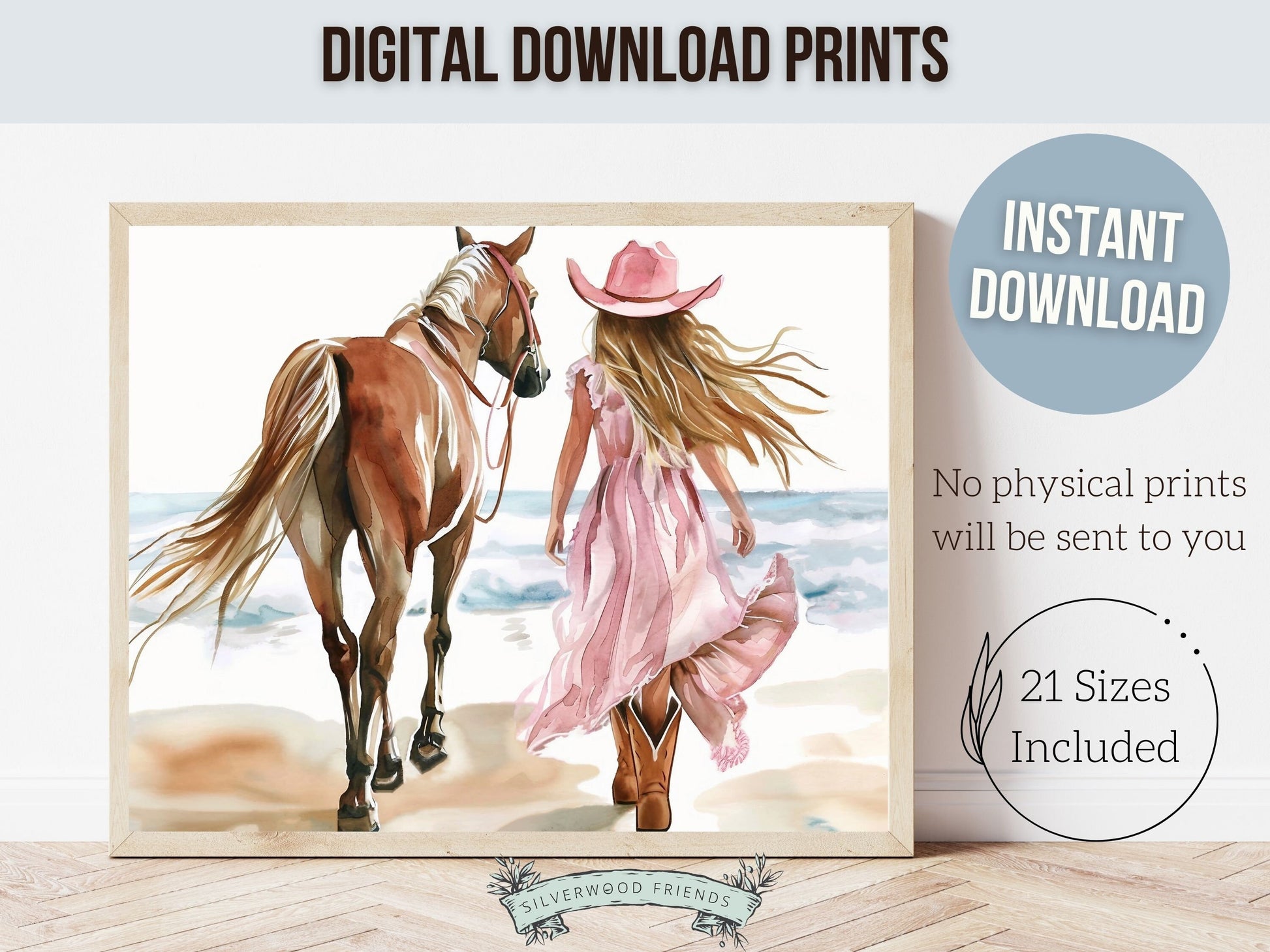 Cowgirl Horse Beach Print, Cowgirl Beachy Nursery Wall Art, Coastal Cowgirl Western Decor, Girl Horse Riding Picture Digital Download Print