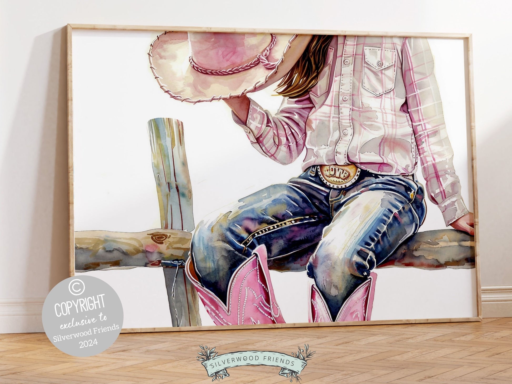 Watercolor digital print, featuring a cowgirl sitting atop a paddock fence. Our gorgeous artwork effortlessly enhances your cowgirl themed decor, perfect for a country inspired girl&#39;s bedroom or as a heartfelt gift for horse-riding enthusiasts.