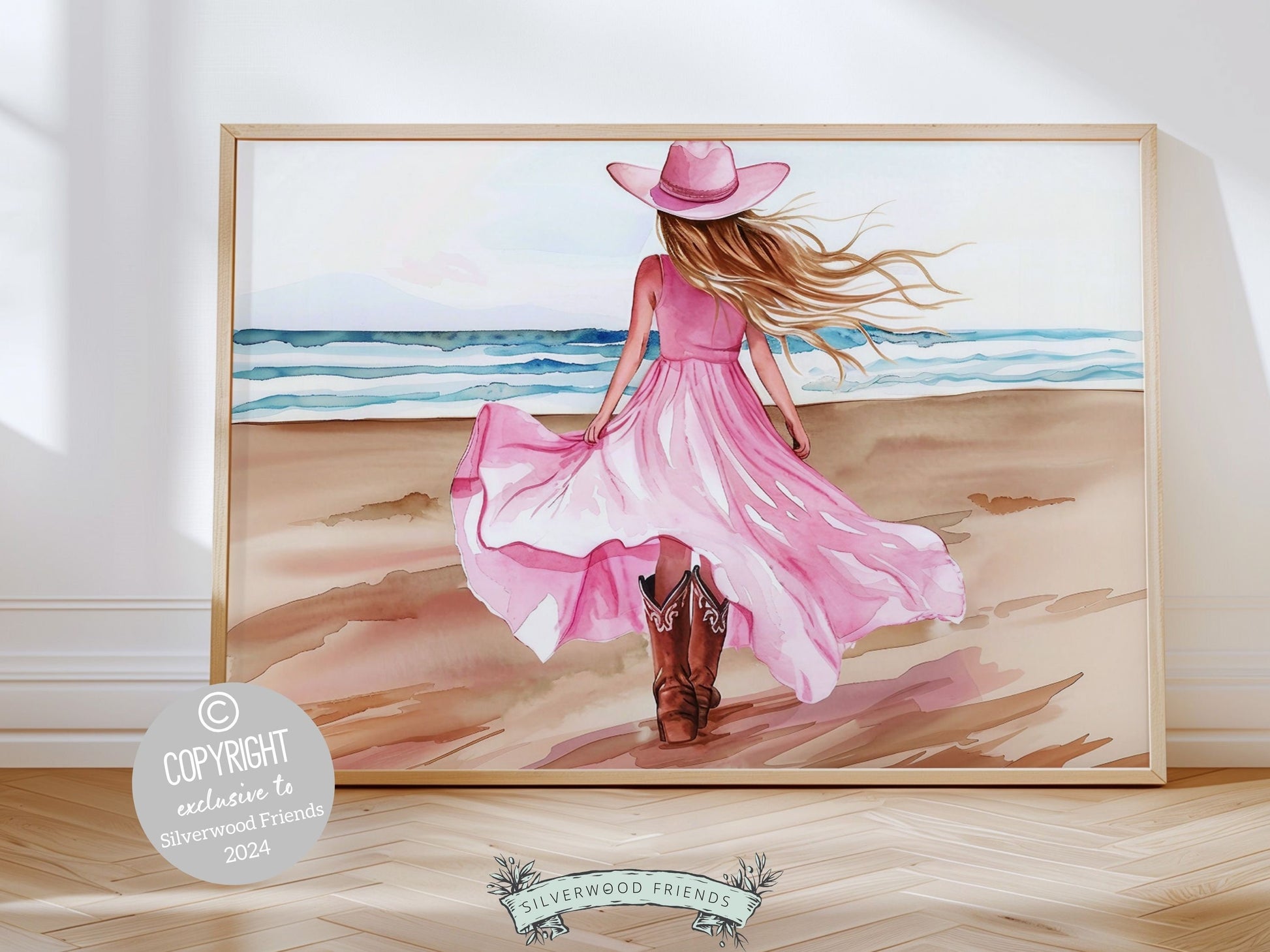 Watercolor cowgirl digital print, featuring a cowgirl walking on the beach. Perfect for your country and western decor, this charming digital print also makes a heartfelt birthday gift and housewarming gift.