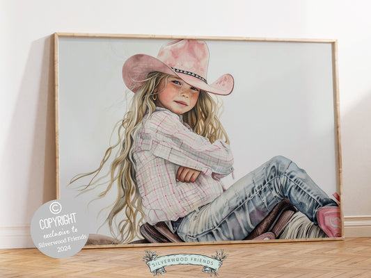 Watercolor digital print, depicting a cowgirl sitting atop her horse. This charming artwork effortlessly enhances your cowgirl themed decor, perfect for your little ones space or as a heartfelt baby shower gift for horse riding enthusiasts.