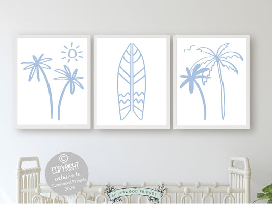 Surfboard Palm Tree Print, Beachy Surfboard Wall Art,Minimalist Surf Nursery Wall Art Beach House Kids Surfing Room Wall Decor Digital Print