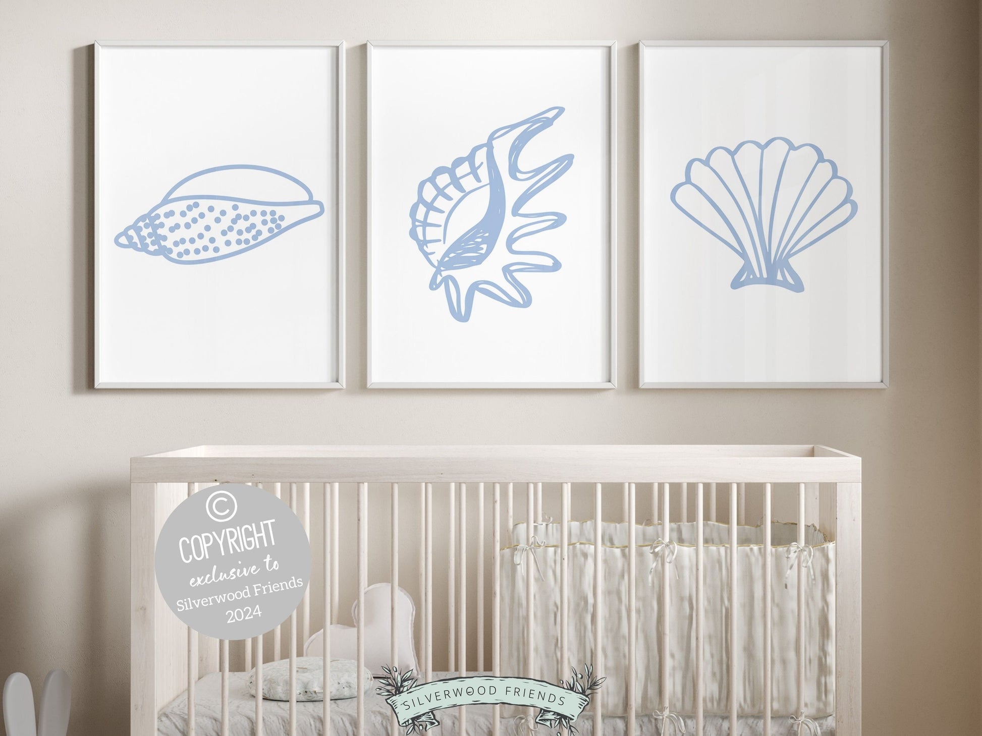 Blue Seashell Prints, Coastal Beachy Wall Art, Under The Sea Minimalist Nursery Wall Art,Beach House Kids Surf Room Wall Decor Digital Print