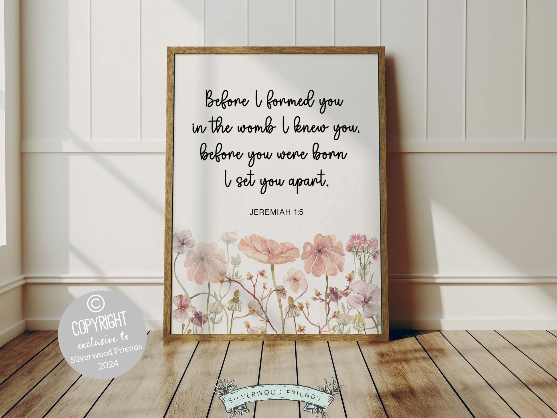 Christian Wildflower Nursery Prints, Baby Girl Name Floral Nursery Wall Art, Jeremiah Bible Verse Nursery Digital Print, Before I formed you