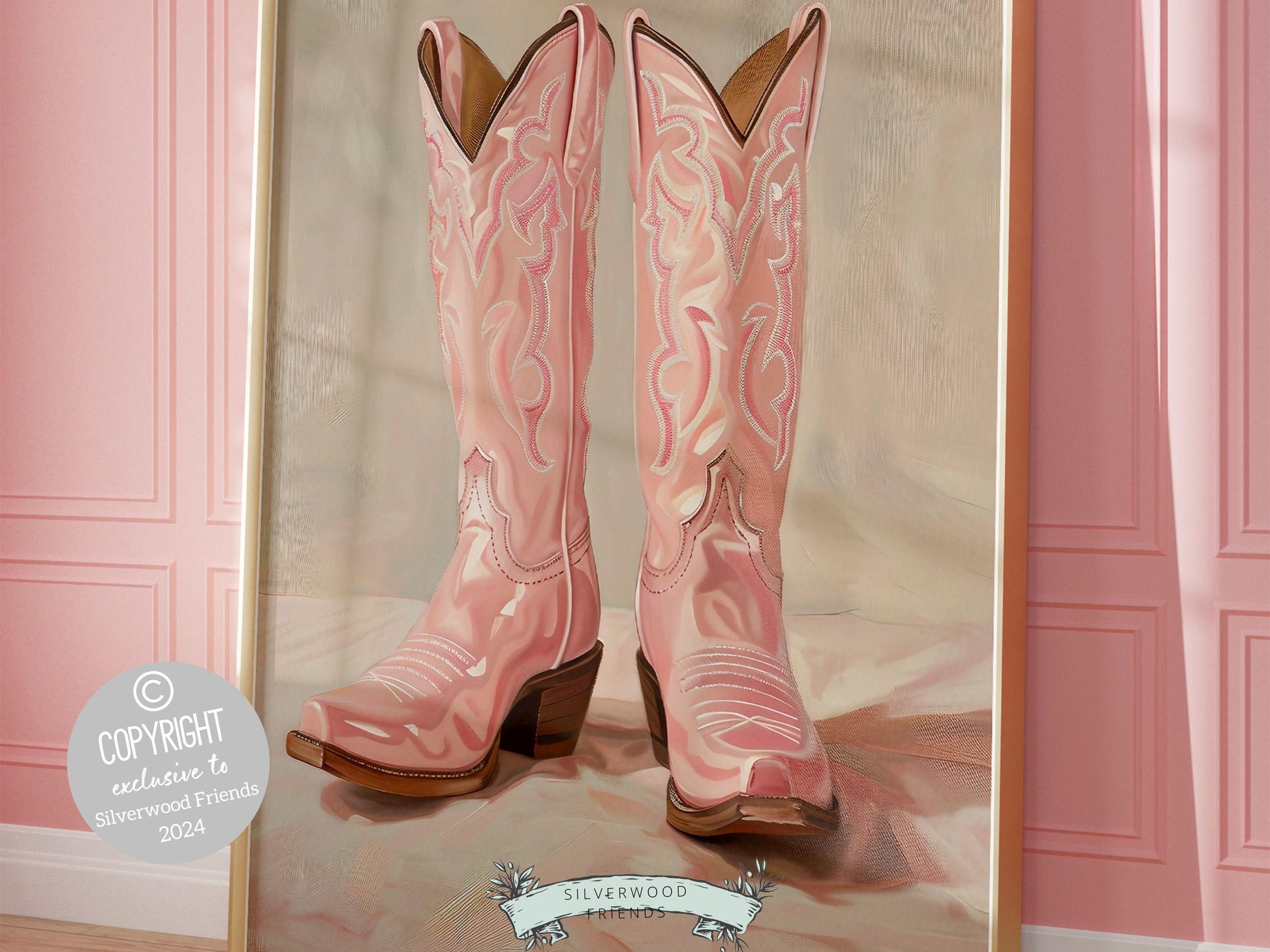 Pink Cowgirl Boots Print, Coastal Cowgirl Print, Trendy Country Western Dorm Room Wall Decor,Preppy Pink Teen Girl Room Poster Digital Print