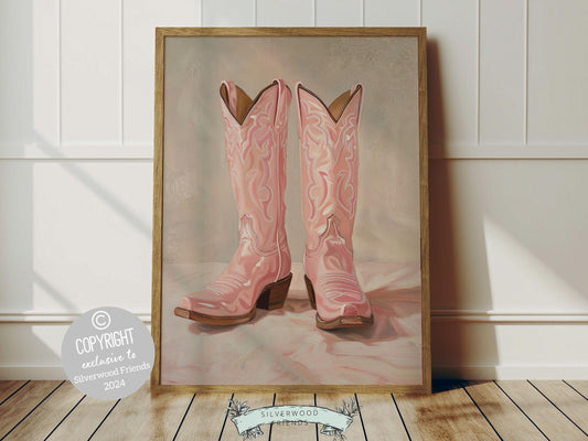 Cowgirl Boots Print, showcasing a watercolor cowgirl boots in soft pink and beige hues. This lovely digital print blends rustic appeal into your cowgirl themed decor, ideal for a cowgirl nursery or as a heartfelt gift for horse-riding enthusiasts.