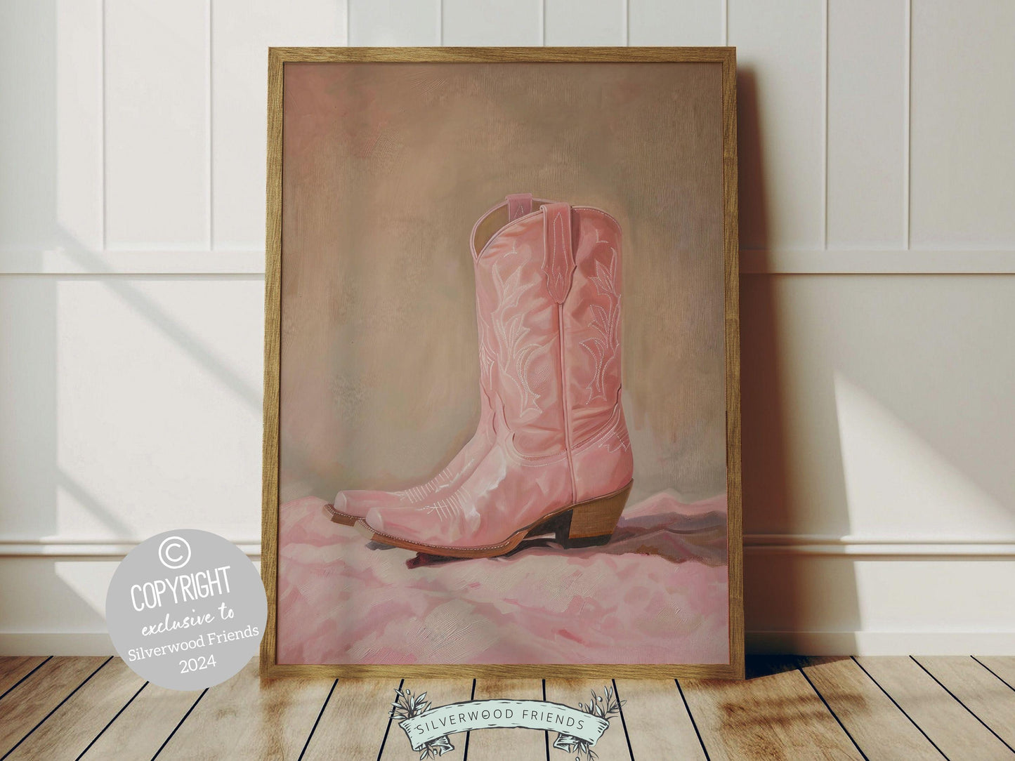 Cowgirl Boots Print, showcasing a watercolor cowgirl boots in soft pink and beige hues. This lovely digital print blends rustic appeal into your cowgirl themed decor, ideal for a cowgirl nursery or as a heartfelt gift for horse riding enthusiasts.