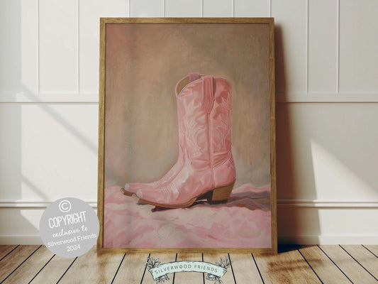 Cowgirl Boots Print, showcasing a watercolor cowgirl boots in soft pink and beige hues. This lovely digital print blends rustic appeal into your cowgirl themed decor, ideal for a cowgirl nursery or as a heartfelt gift for horse riding enthusiasts.