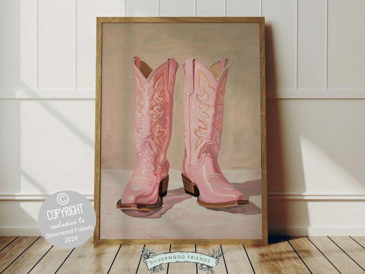 Cowgirl Boots Print, showcasing a watercolor cowgirl boots in soft pink and beige hues. This lovely digital print blends rustic appeal into your cowgirl themed decor, ideal for a cowgirl nursery or as a heartfelt gift for horse riding enthusiasts.