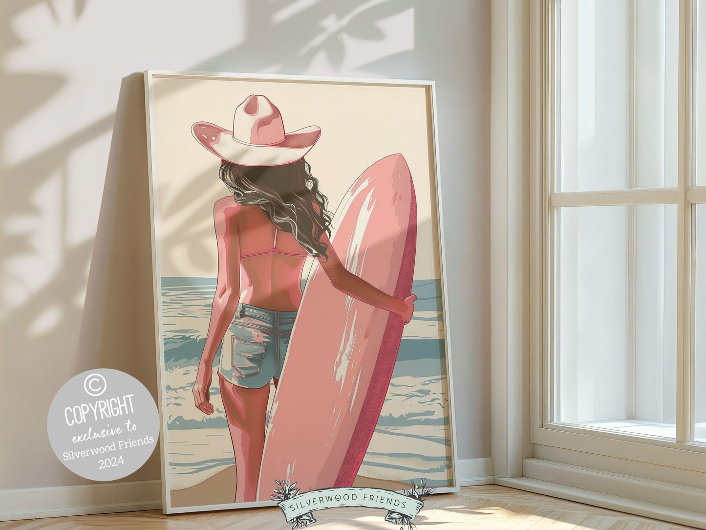 Girl Surfer Poster Pink Surfboard Print, Beachy Room Decor, Trendy Dorm Room Surfing Wall Art,Teen Girl Beach House Wall Decor Digital Print