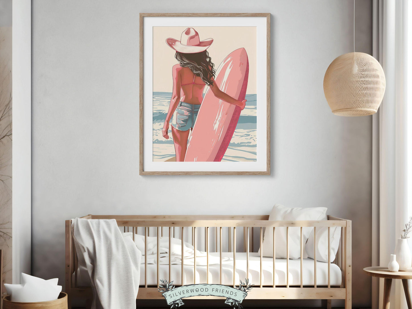 Girl Surfer Poster Pink Surfboard Print, Beachy Room Decor, Trendy Dorm Room Surfing Wall Art,Teen Girl Beach House Wall Decor Digital Print