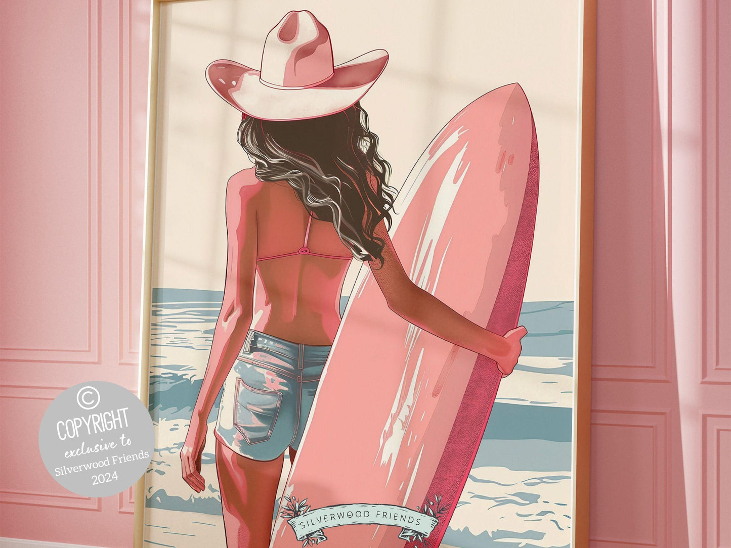 Girl Surfer Poster Pink Surfboard Print, Beachy Room Decor, Trendy Dorm Room Surfing Wall Art,Teen Girl Beach House Wall Decor Digital Print