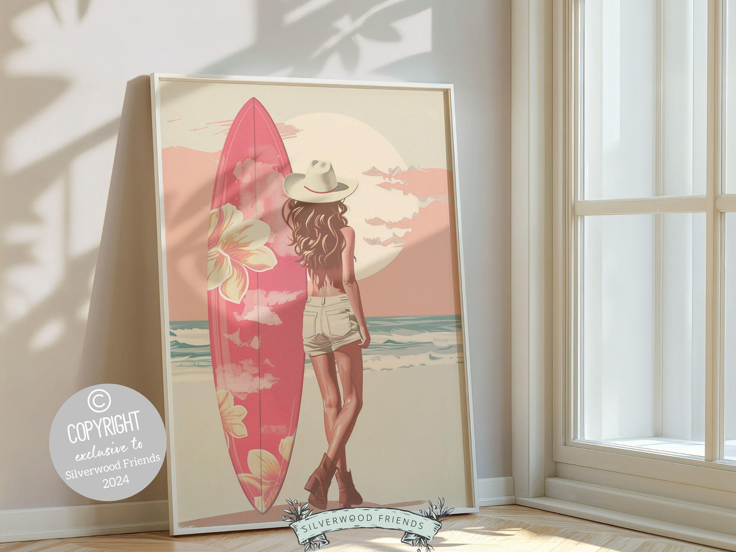 Girl Surfer Poster Pink Surfboard Print, Beachy Room Decor, Trendy Dorm Room Surfing Wall Art,Teen Girl Beach House Wall Decor Digital Print