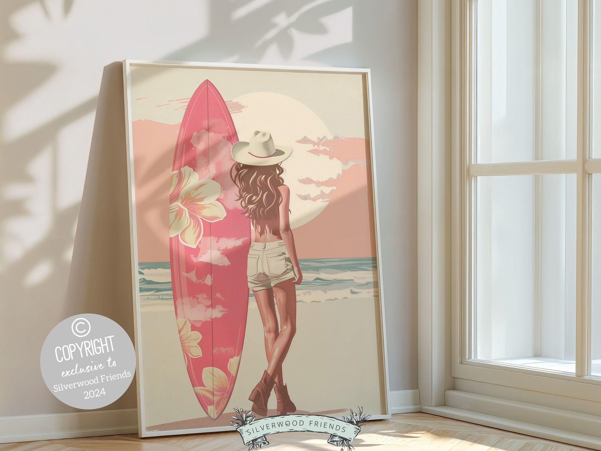 Girl Surfer Poster Pink Surfboard Print, Beachy Room Decor, Trendy Dorm Room Surfing Wall Art,Teen Girl Beach House Wall Decor Digital Print