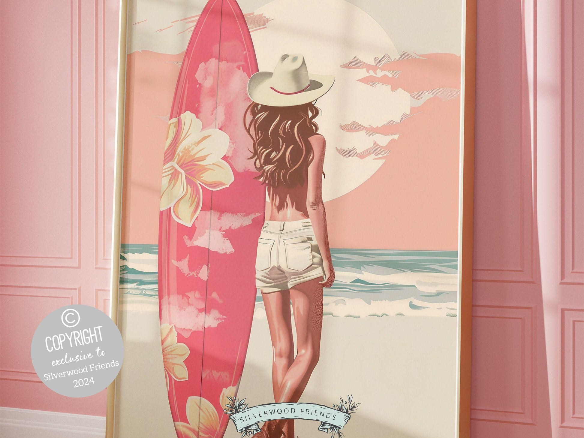 Girl Surfer Poster Pink Surfboard Print, Beachy Room Decor, Trendy Dorm Room Surfing Wall Art,Teen Girl Beach House Wall Decor Digital Print
