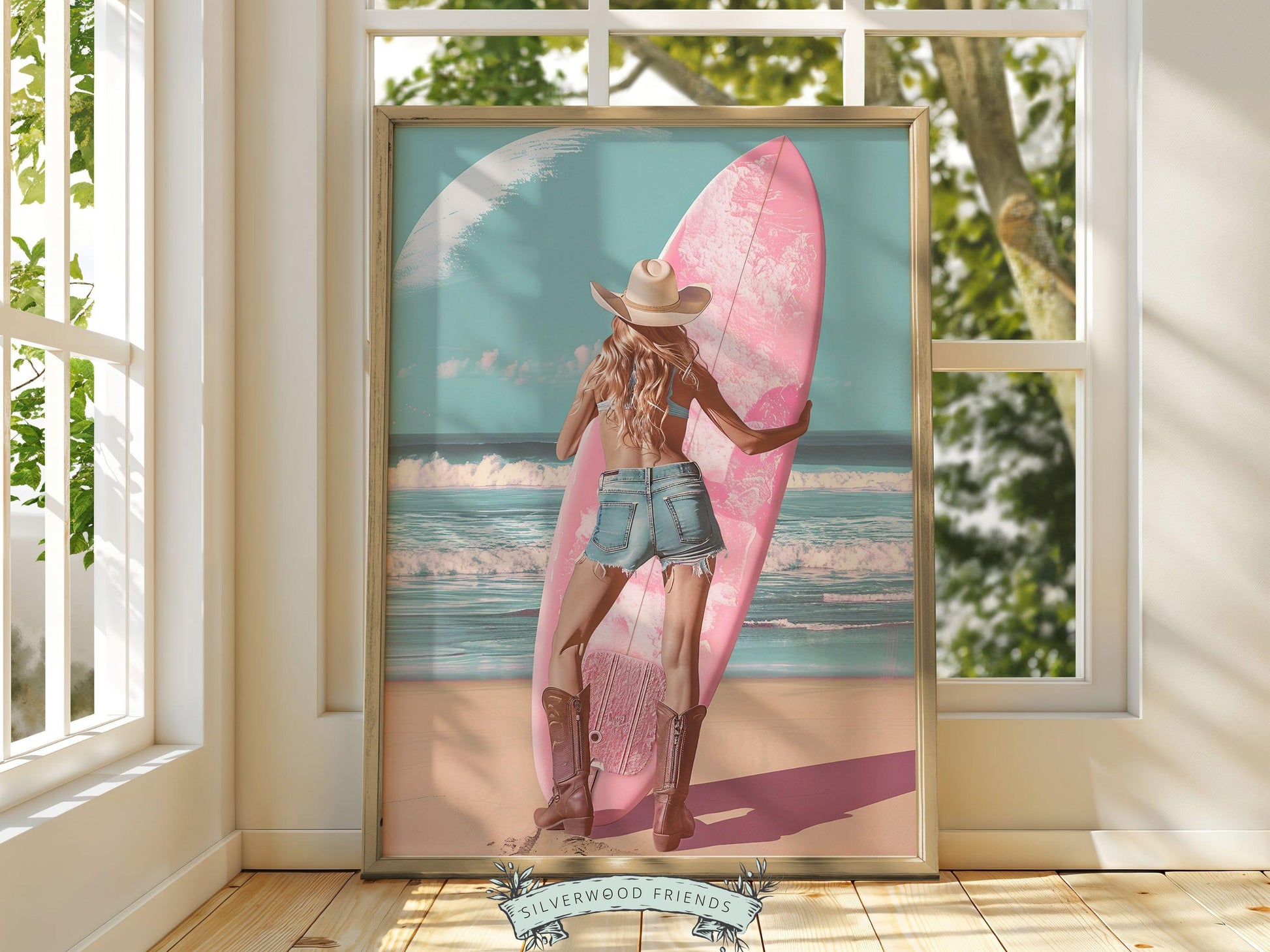 Girl Surfer Poster Pink Surfboard Print, Beachy Room Decor, Coastal Cowgirl Dorm Room Poster, Teen Girl Beach House Wall Decor Digital Print