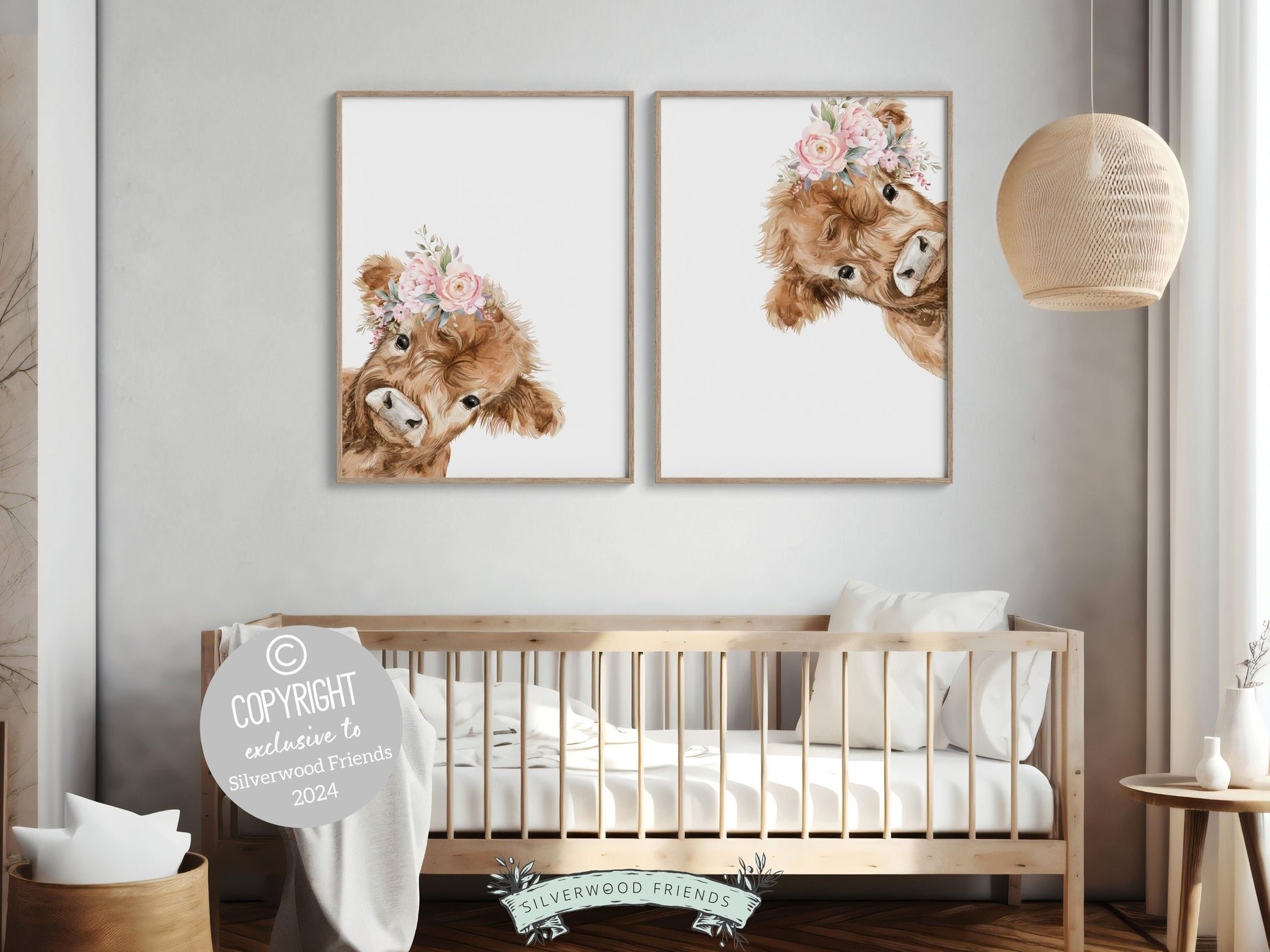 Peeking Highland Cow Nursery Print Set of 2, Highland Cow Nursery Decor, Watercolor Highland Cow Gift Kids Farm Bedroom Decor Digital Print