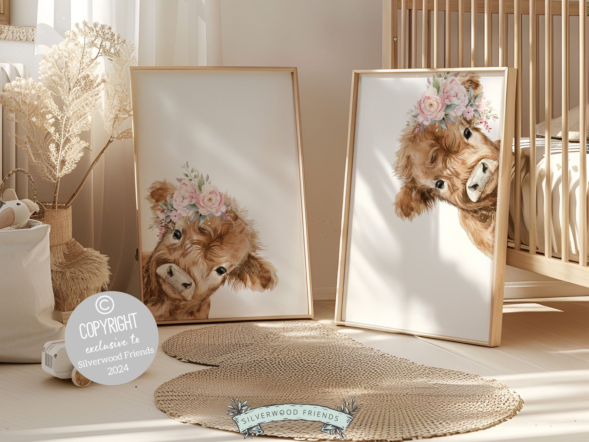 Set of 2 Peeking Highland Cow Nursery Prints features adorable watercolor peeking baby highland cows with pink floral crowns, set on a white background and is perfect for your baby girls farm nursery decor or as a unique farm baby shower gift.