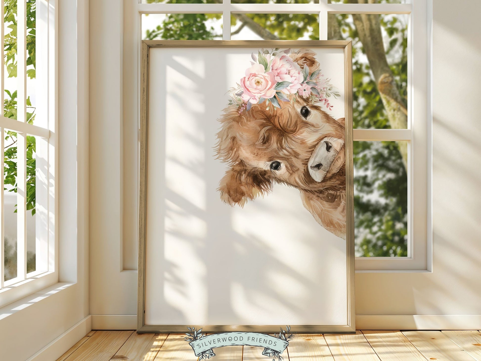 Peeking Highland Cow Nursery Print, Girl Highland Cow Nursery Decor, Baby Girl Watercolor Highland Cow Gift Farm Bedroom Decor Digital Print
