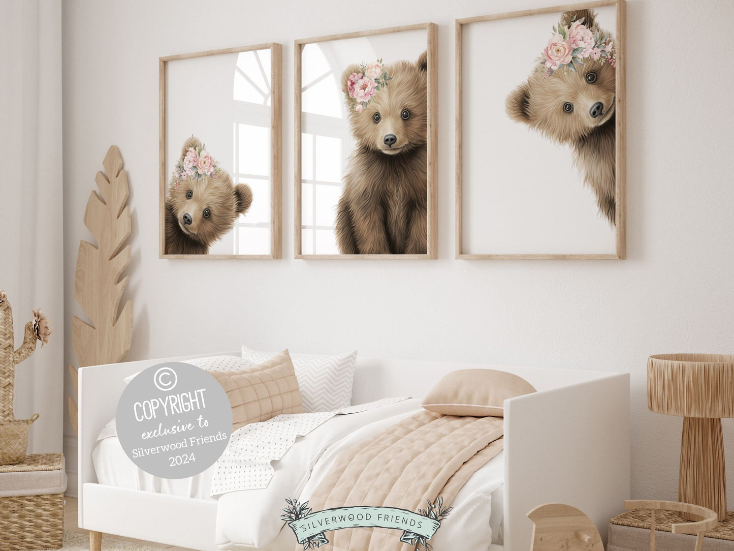 Peeking Bear Nursery Print, Floral Bear Nursery Decor, Baby Girl Wildflower Woodland Nursery Decor, Baby Bear Nursery Wall Art Digital Print