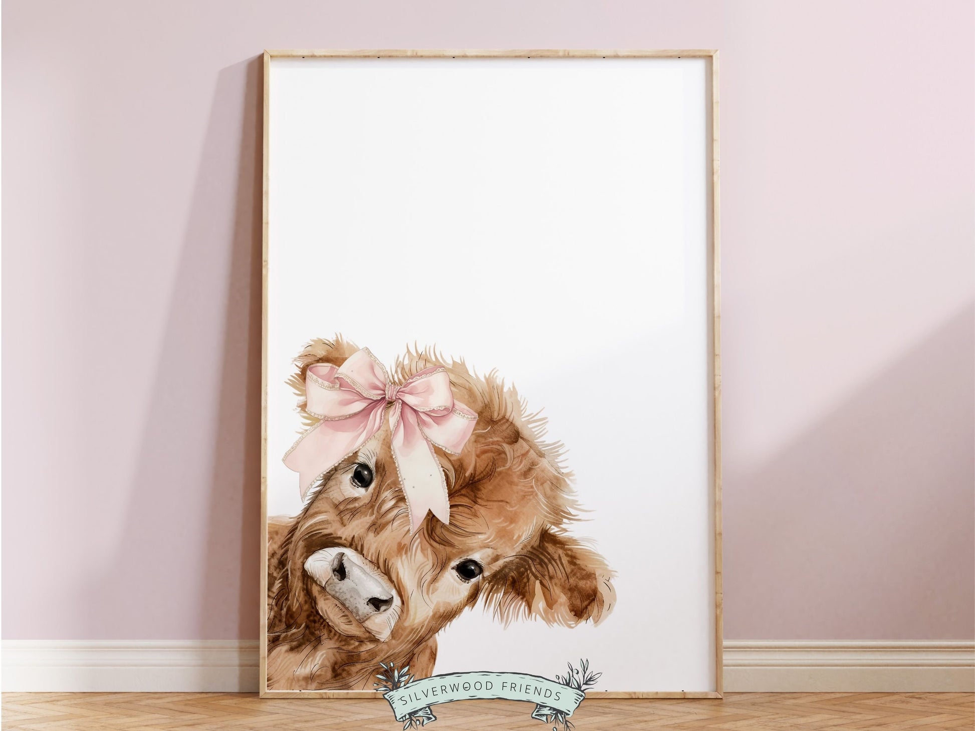Peeking Highland Cow Nursery Print, Girl Pink Highland Cow Nursery Decor, Baby Highland Cow Picture, Girls Farm Bedroom Decor Digital Print