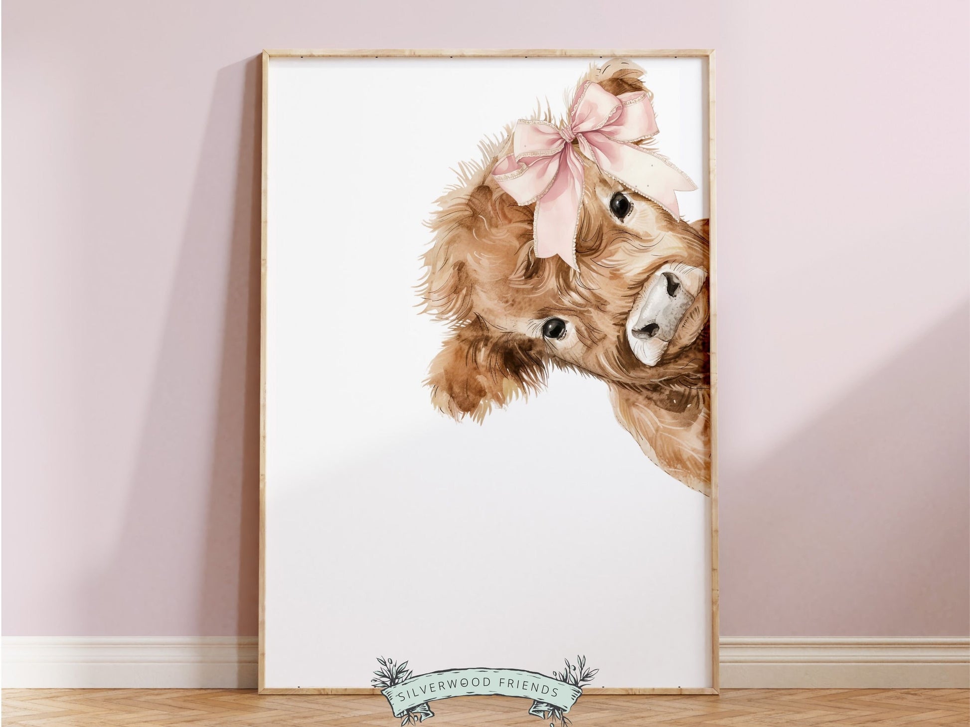Peeking Highland Cow Nursery Print, Girl Pink Highland Cow Nursery Decor, Baby Highland Cow Picture, Girls Farm Bedroom Decor Digital Print