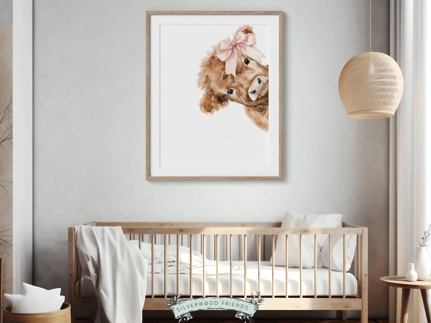 Peeking Highland Cow Nursery Print, Girl Pink Highland Cow Nursery Decor, Baby Highland Cow Picture, Girls Farm Bedroom Decor Digital Print